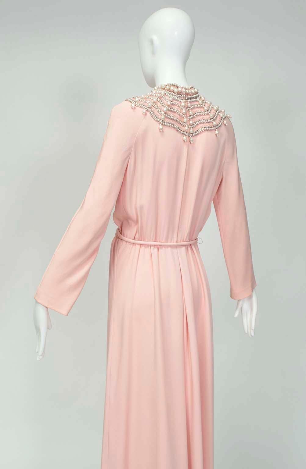 Estelle Allardale Pink Silk Kiss of the Spiderwoman Jeweled Maxi Gown – M, 1960s In Good Condition In Tucson, AZ