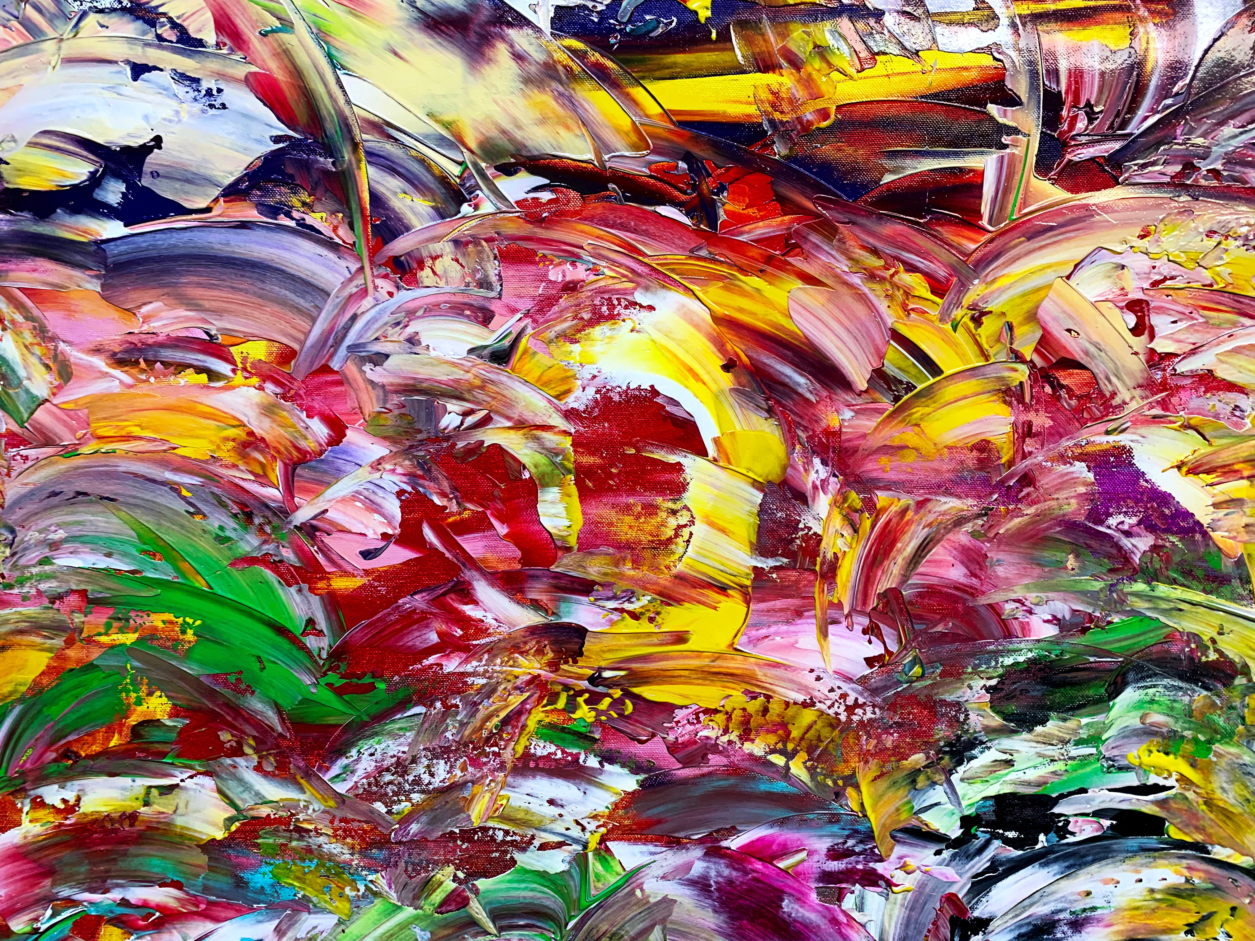 This painting is an emotional depiction of a beautiful unremembered dream. I dreamt of a beautiful work, with joy and love everywhere, yet as I woke it evaporated but left the beautiful feelings. Perhaps that was the purpose of the dream and not the