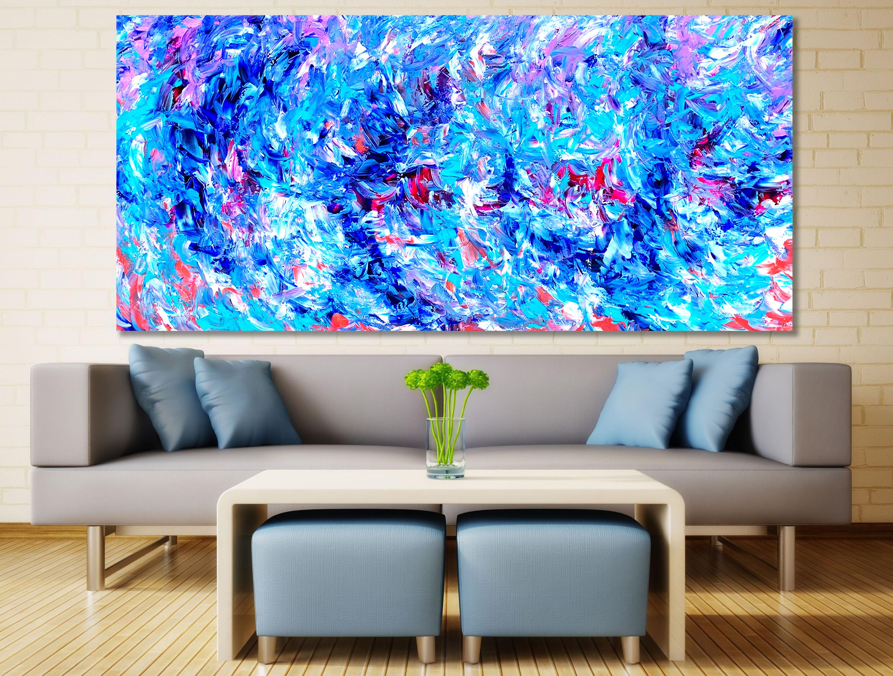 This artwork is an emotional exploration of the colour blue with a hint of magenta and a couple of other secondary colour. The way blue dominates and goes from light blue to navy also is contemplative and emotionally stated. The work is in the style
