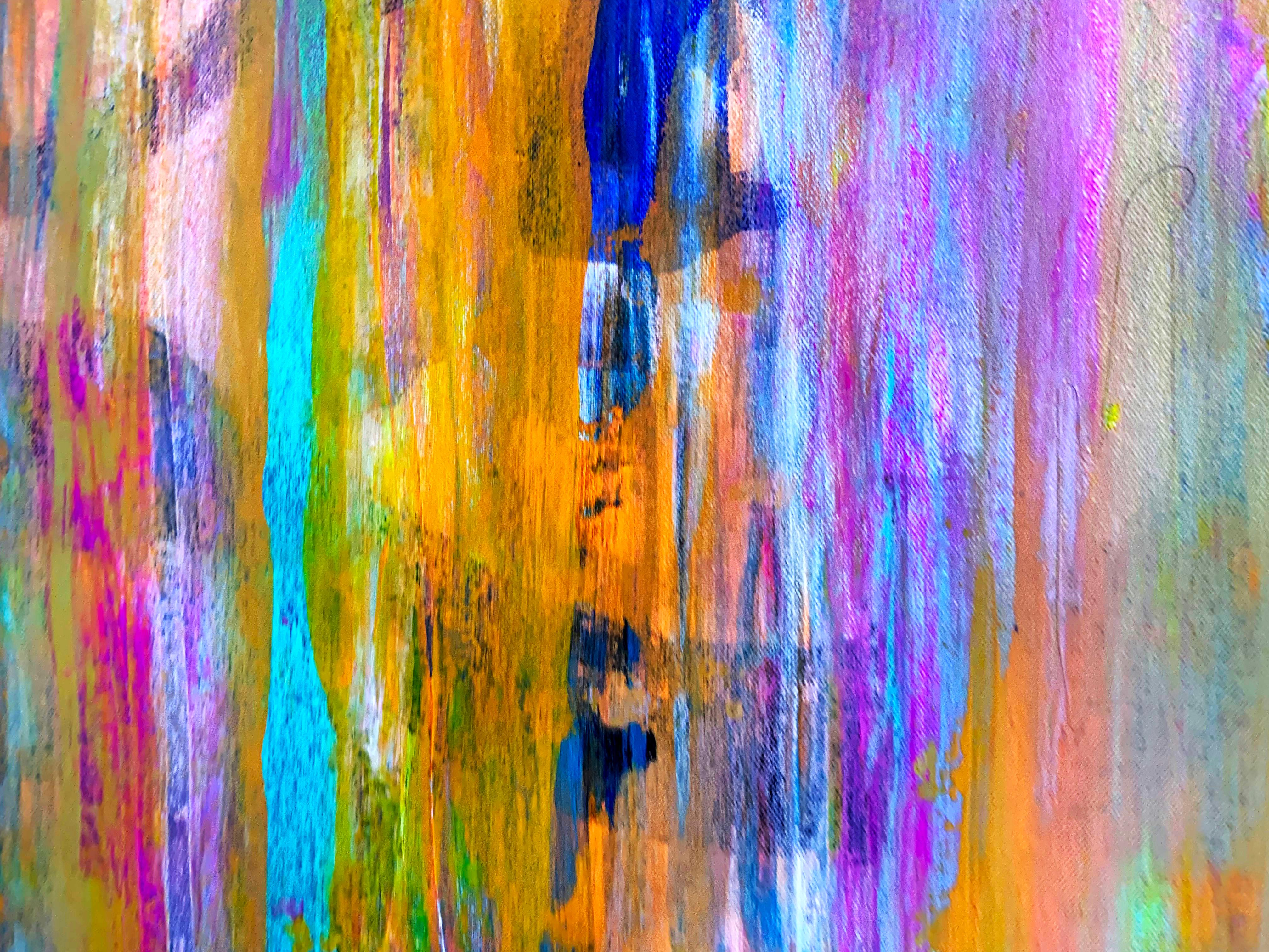 This artwork is a series of colours falling together, unevenly and disrupting each one, as in a waterfall of coloured elements. The work is in the style of abstract expressionism.

This artwork is painted on professional-grade canvas stretched and