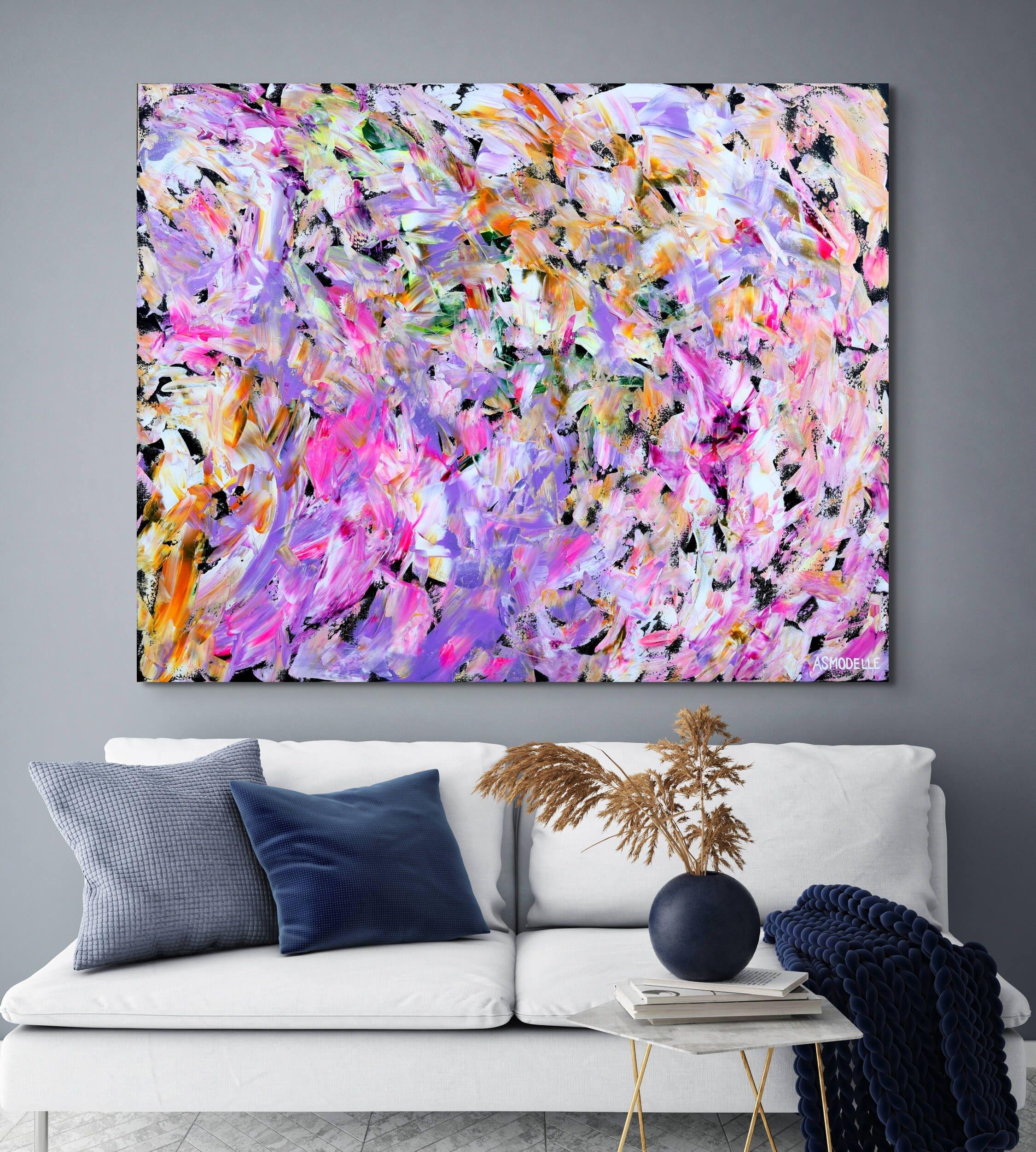 Floral Pearl on Black - Purple Abstract Painting by Estelle Asmodelle