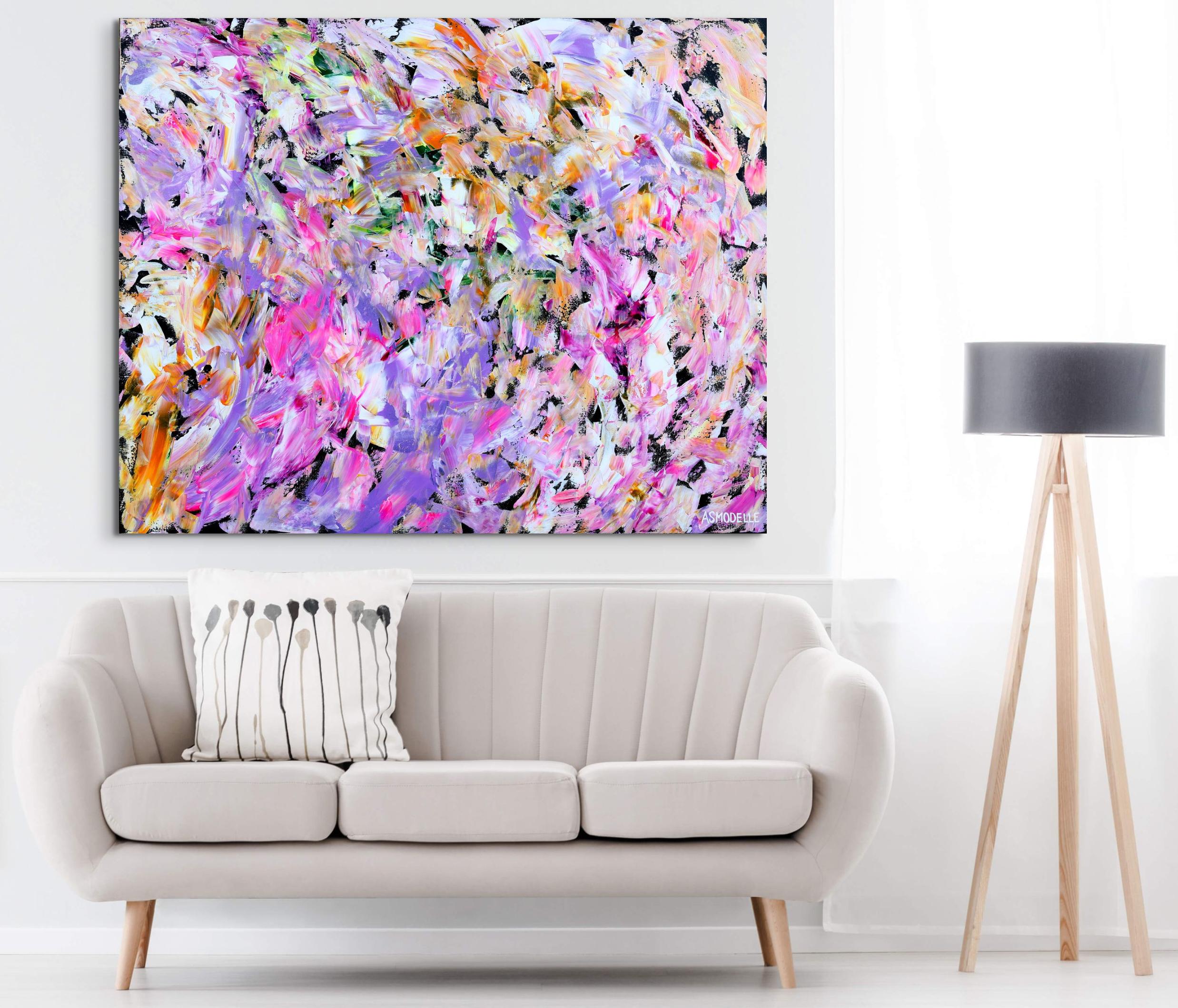 This artwork is an emotional exploration of a floral arrangement, with colours blending into each other like shinny pearls. The work is in the style of abstract expressionism.

This artwork is painted on professional-grade canvas stretched and