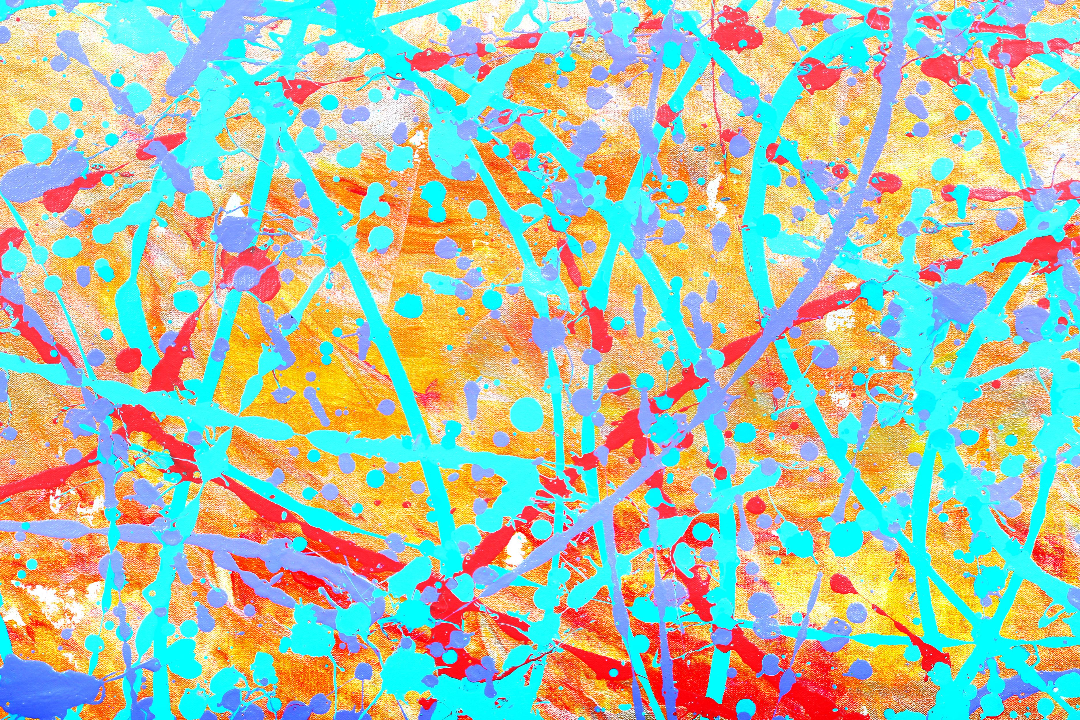 This painting explores an action painting with a glowing golden background. It represents the back emotions that are so powerful that they out shine the emotions we are trying to display. This work is painted in the style of abstract