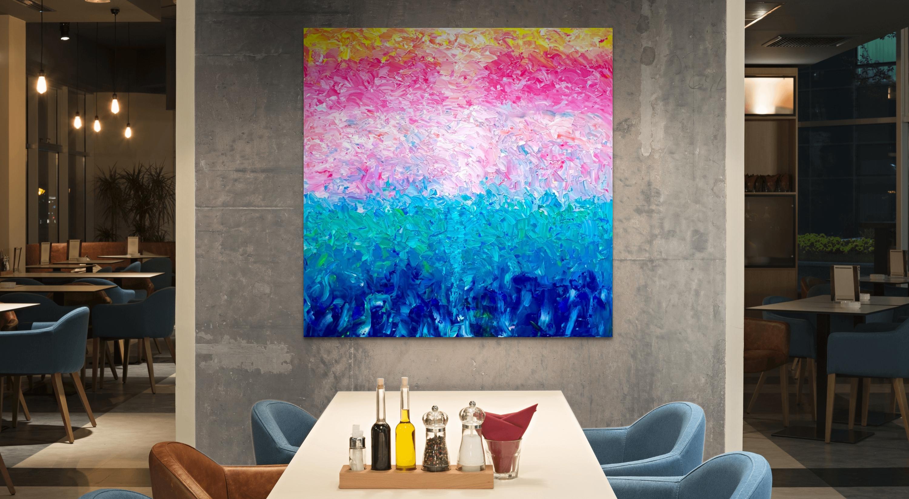 This artwork is a minimalistic landscape with a pillar of light in the centre. It is subtle yet the colours are bright and vibrant, while the work is in the style of abstract expressionism.

This artwork is painted on professional-grade canvas
