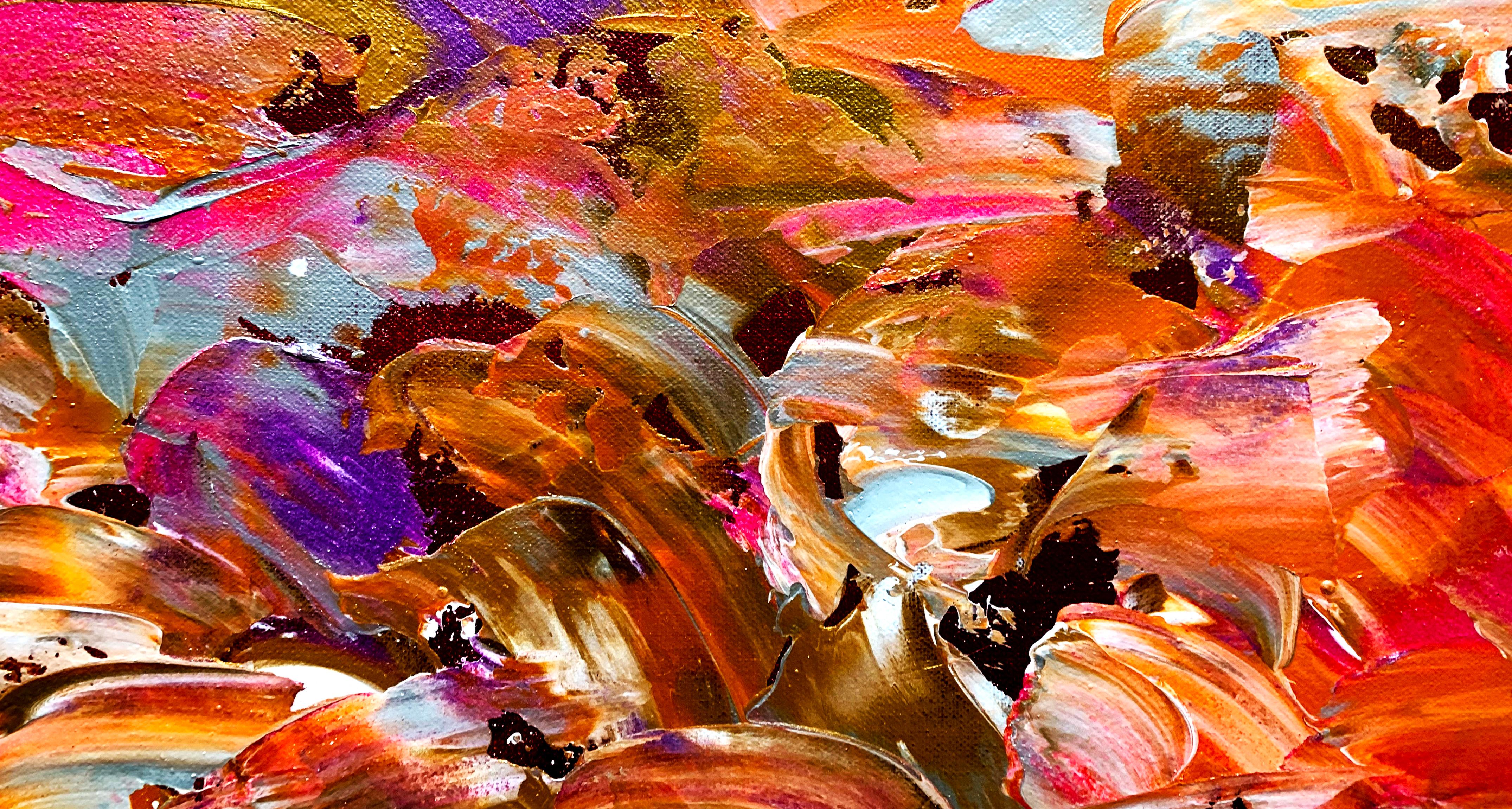 This painting is an exploration of different colours being embraced by other. In particular pink and orange tones being embraced by golden tones. Painted in the style of abstract expressionism.

This work is painted on professional-grade canvas and