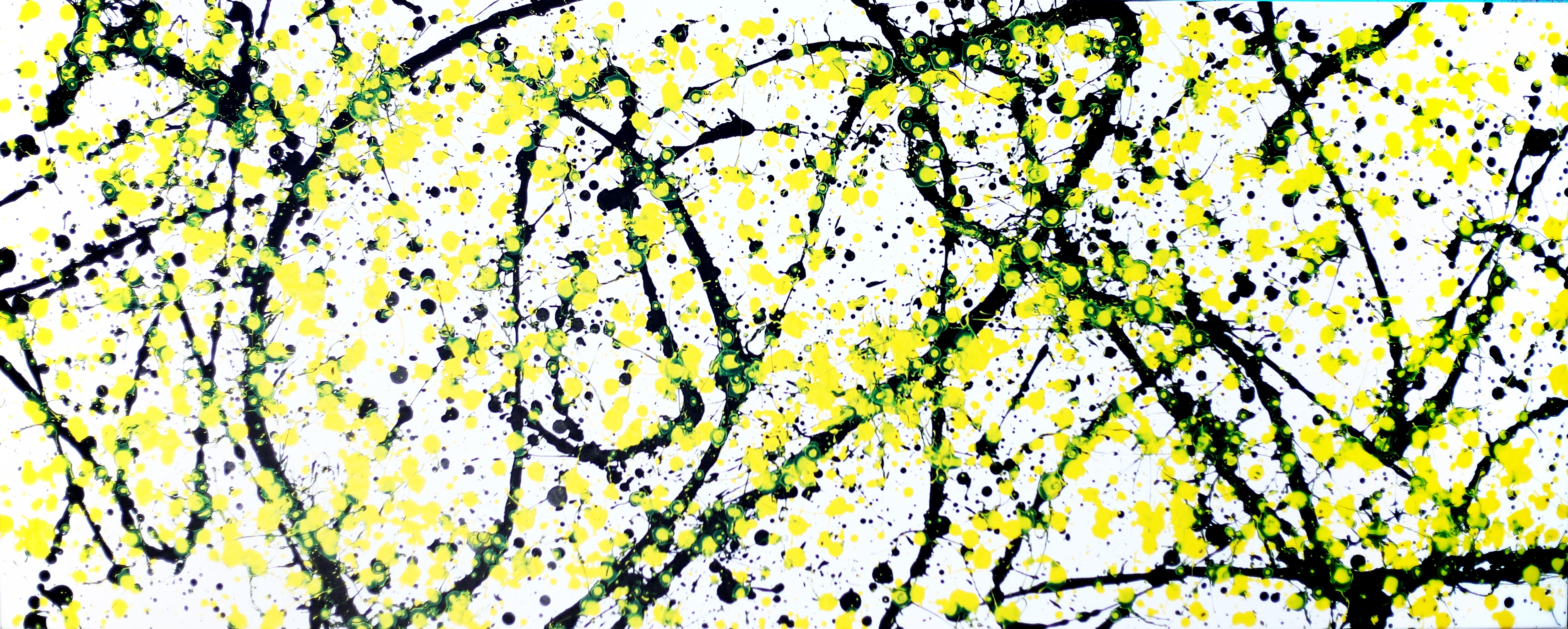 This painting the emotional essence of Springtime, the feeling and the sense of what Spring is about. In an abstract sense, I use the constrast between yellow and black on white to give the emotions, I relate to Spring. This work is painted in the