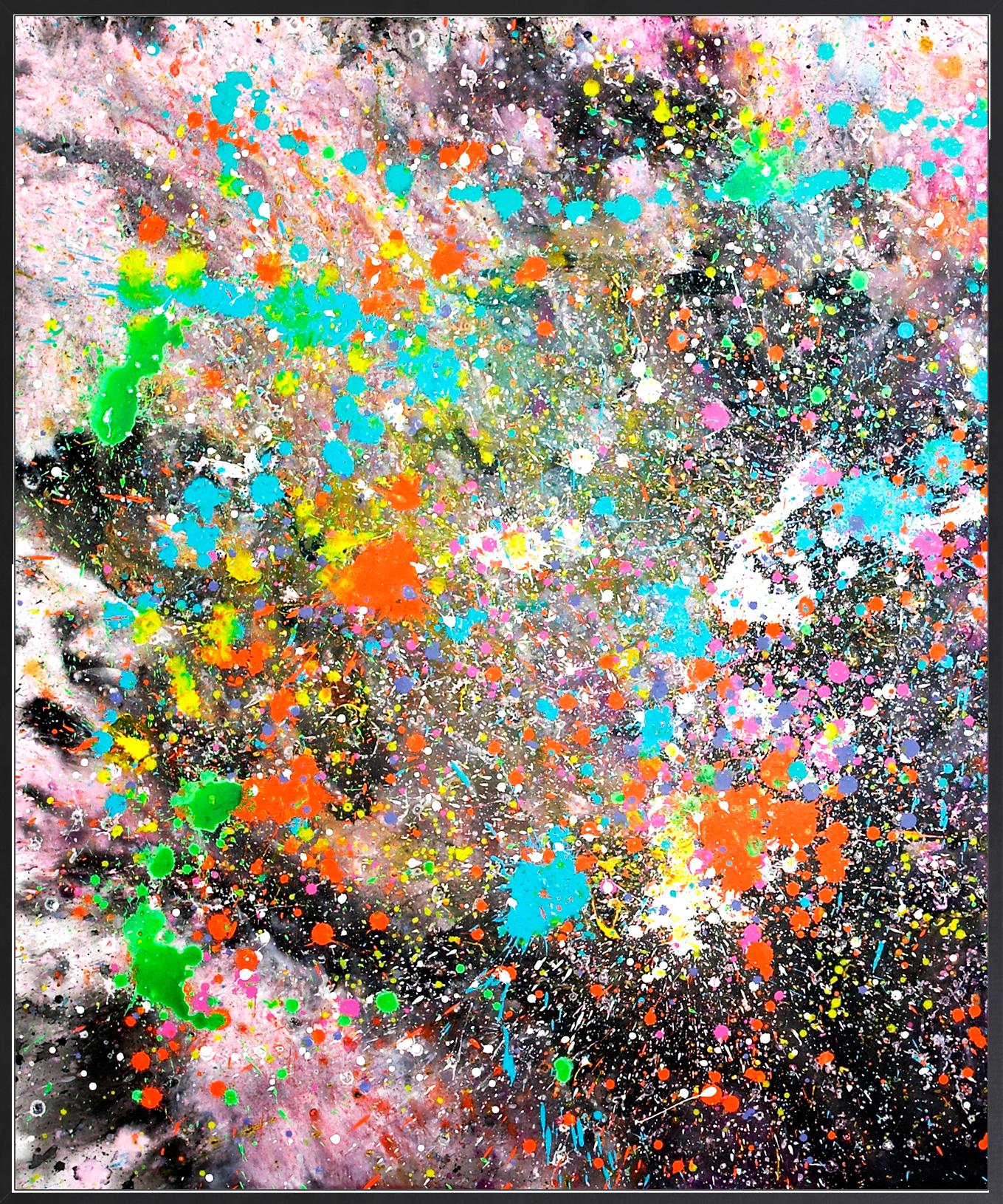 This is a very large triple canvas work that fills a large wall. It is influenced by the formation of stars in a stellar nursery, and has a sense of beginning. The work is full of vibrant colours that will warm any space and make the space also feel