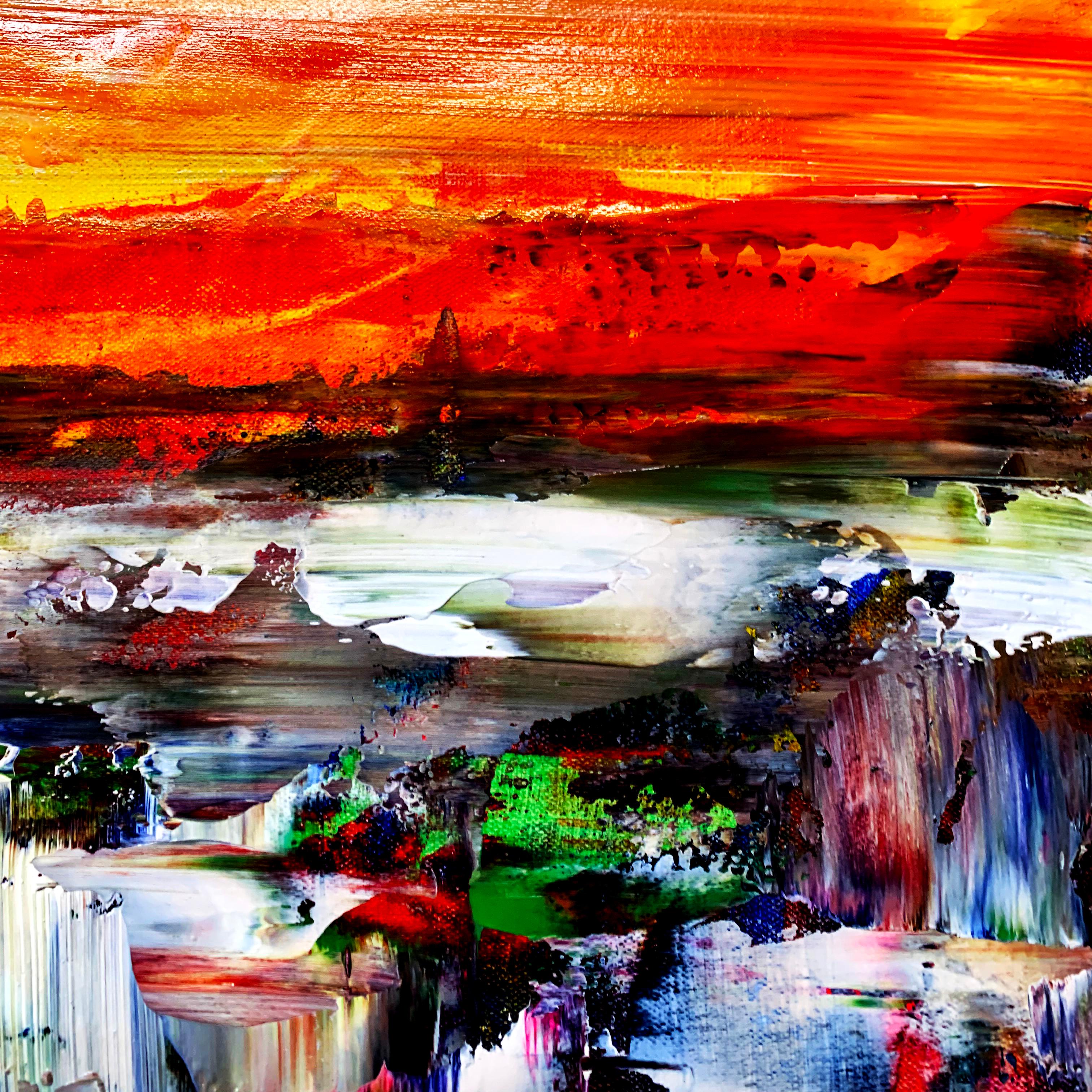This artwork is an emotional representation of Osaka during a sunset. The work is in the style of abstract expressionism.

This artwork is painted on professional-grade canvas stretched and sealed with varnish. The canvas has dimensions 155 cm in