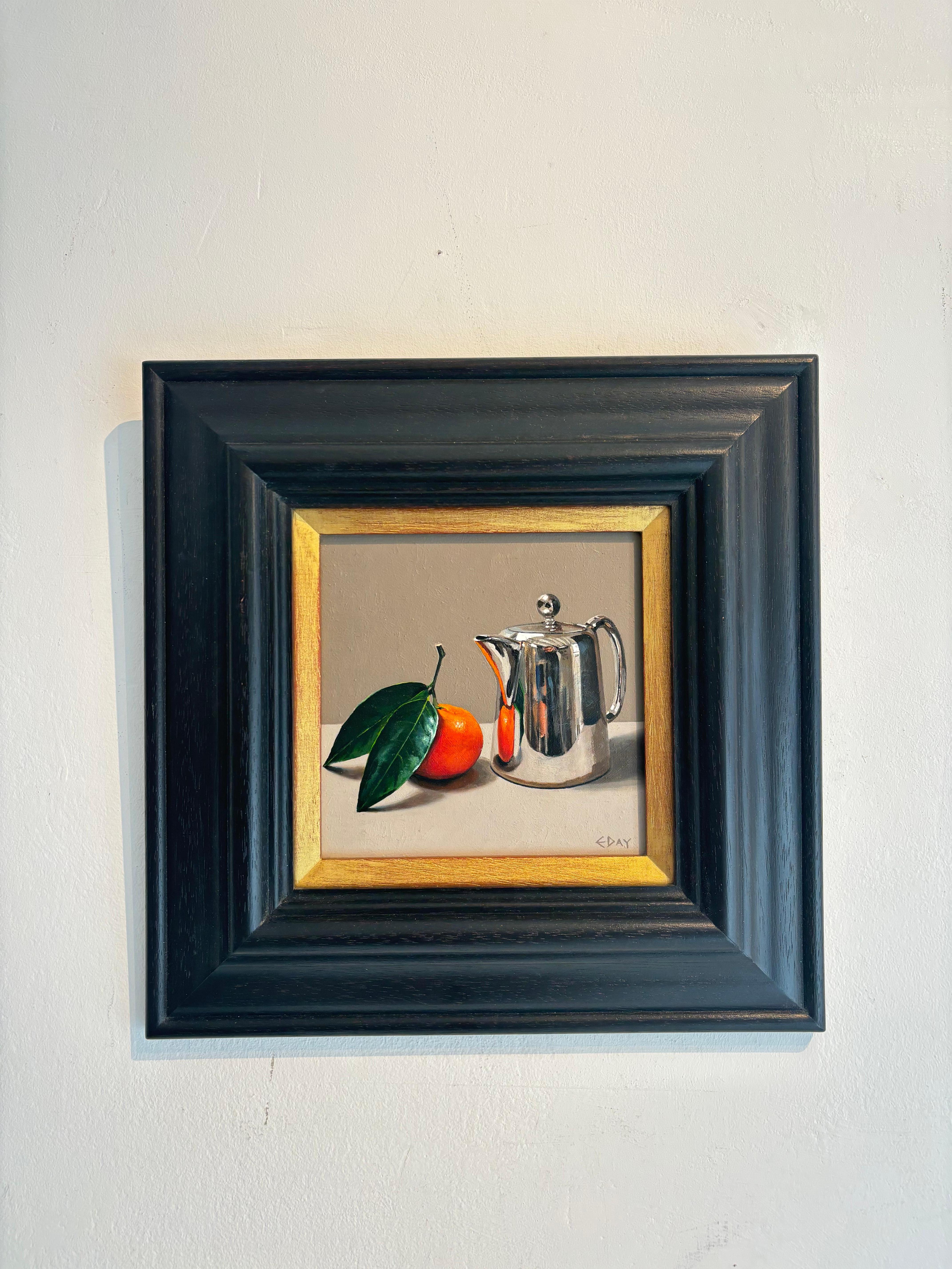 Clementina frondosa con tetera-pintura al óleo original de bodegón-arte contemporáneo - Painting de Estelle Day