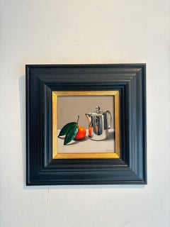 Clementine a foglia con teiera - pittura ad olio originale di natura morta - arte contemporanea