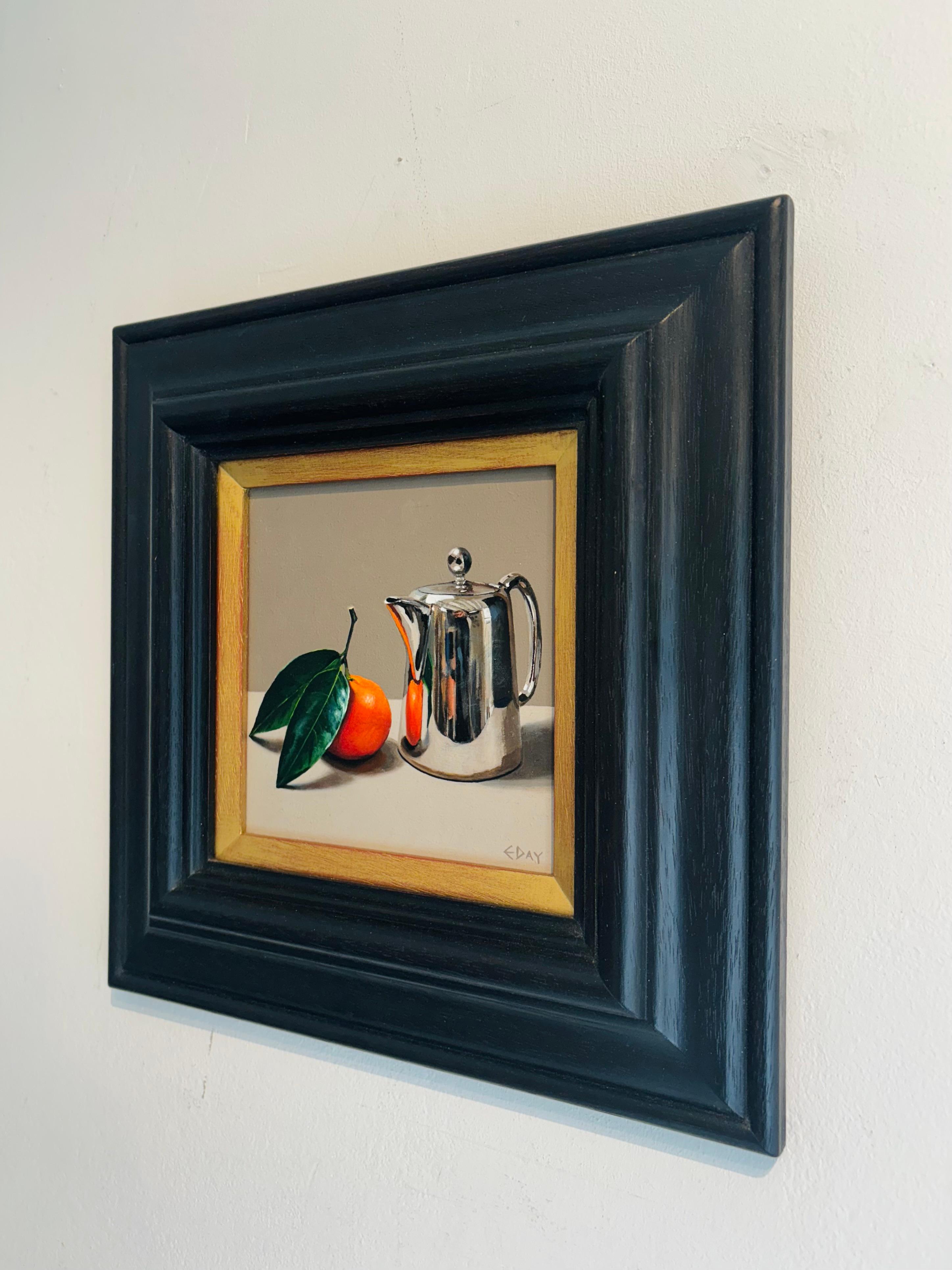 Clementina frondosa con tetera-pintura al óleo original de bodegón-arte contemporáneo - Painting Fotorrealista de Estelle Day