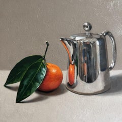 Clementina frondosa con tetera-pintura al óleo original de bodegón-arte contemporáneo