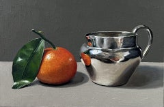 Silver Jug With Clementine -original still life realism fruit- contemporary art