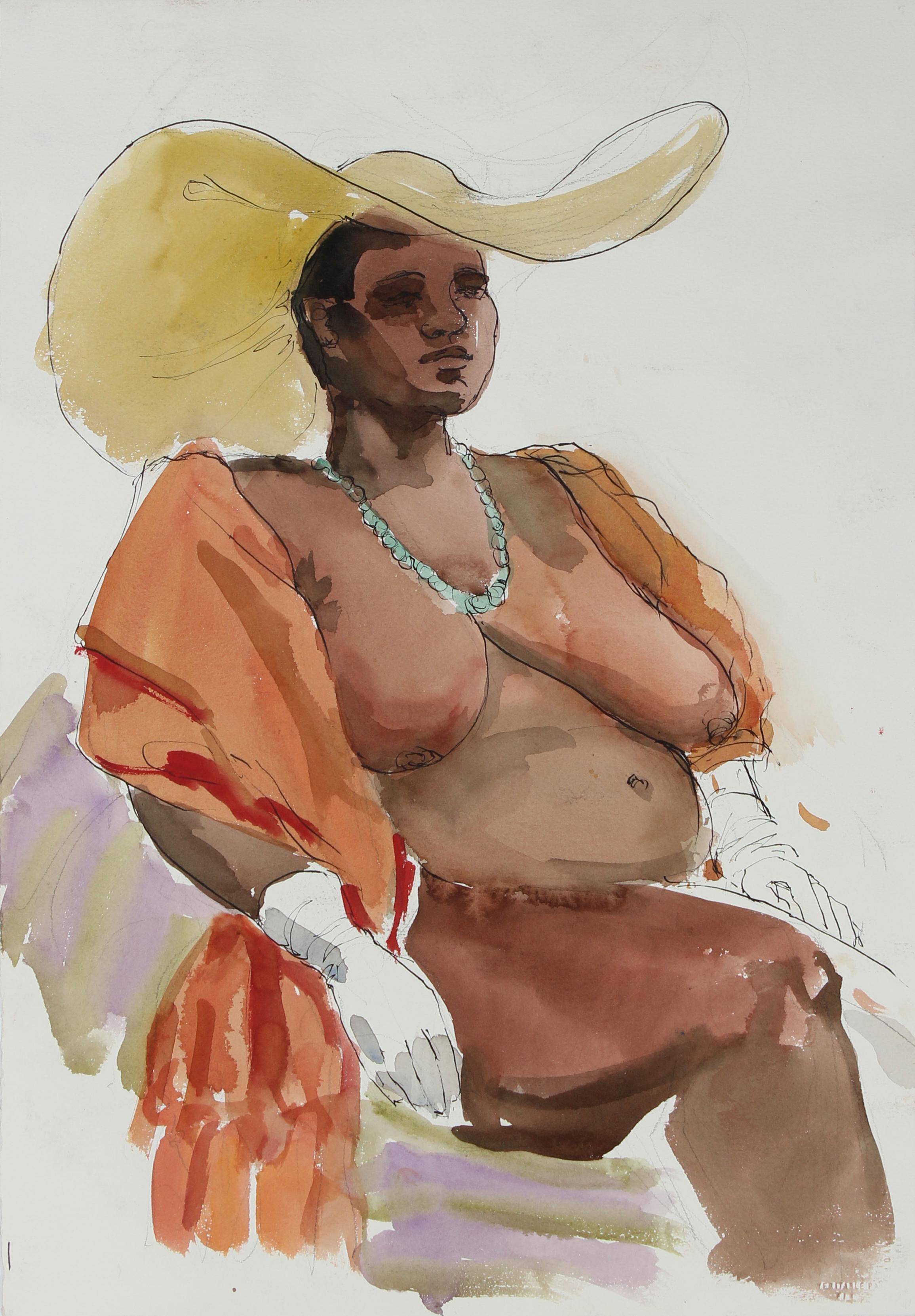 Colorful Seated Female Nude in Sun Hat, Paper and Ink Collage, Circa 1970s