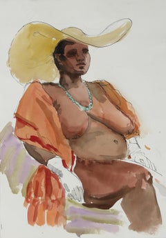 Colorful Seated Female Nude in Sun Hat, Paper and Ink Collage, Circa 1970s