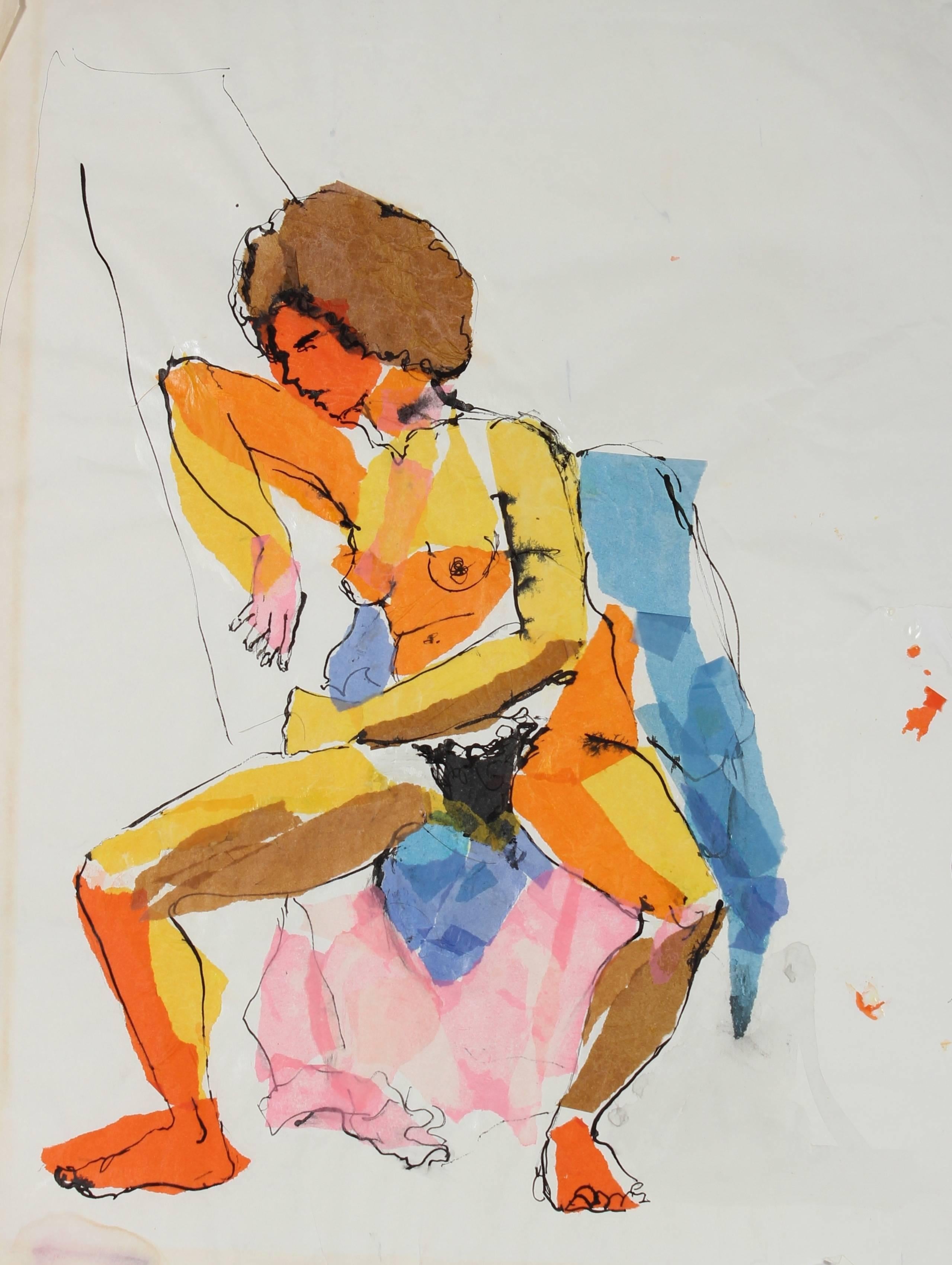 Colorful Seated Nude, Paper and Ink Collage, Circa 1970s - Mixed Media Art by Estelle Levin Siegelaub