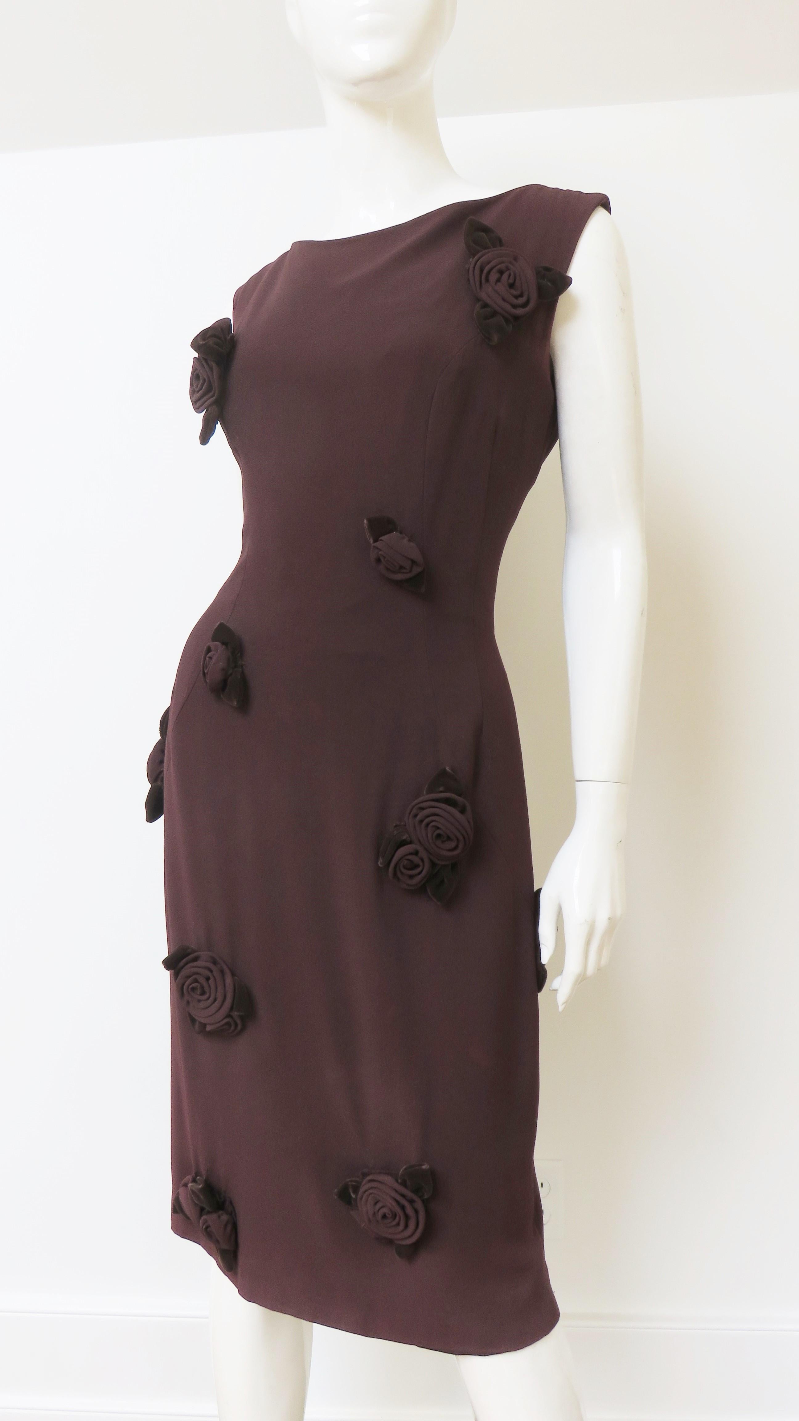 Estevez Brown Flower Applique Dress 1960s In Good Condition For Sale In Water Mill, NY