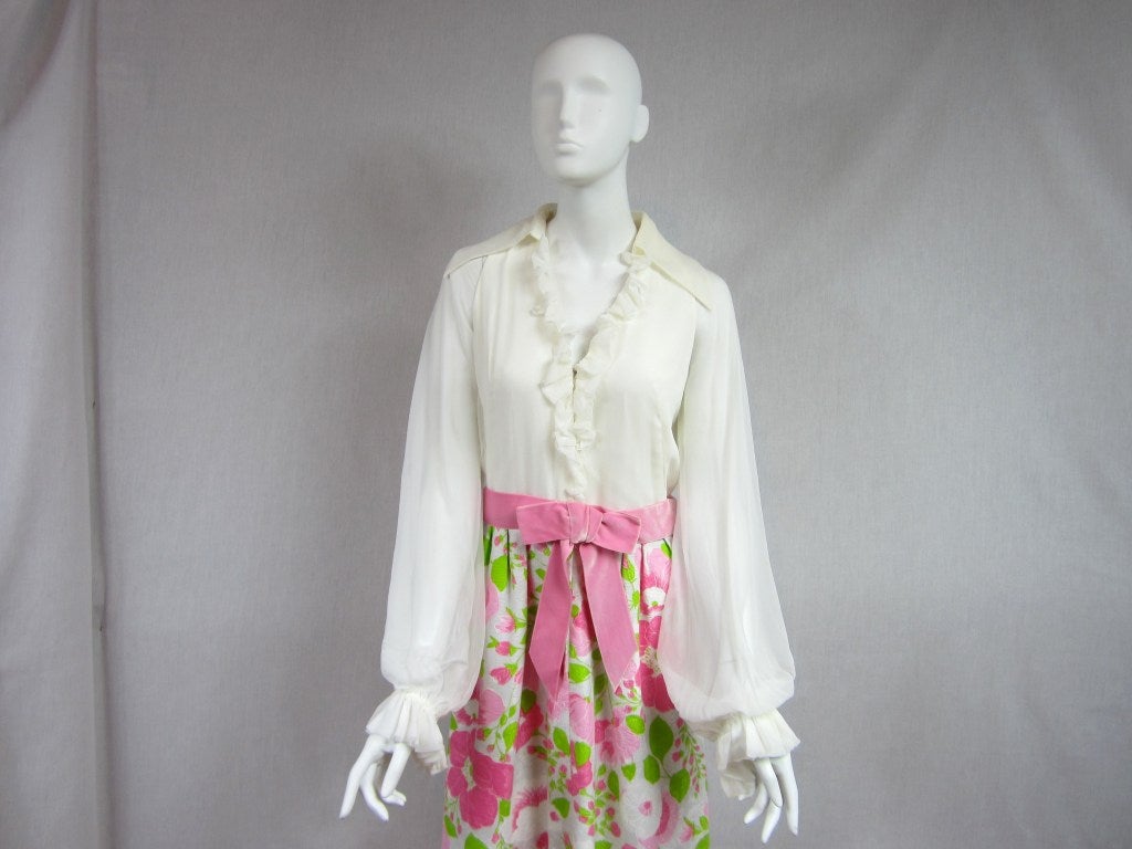Beige  Estevez Floral Maxi Dress Poet Sleeves - Vintage 1970s 