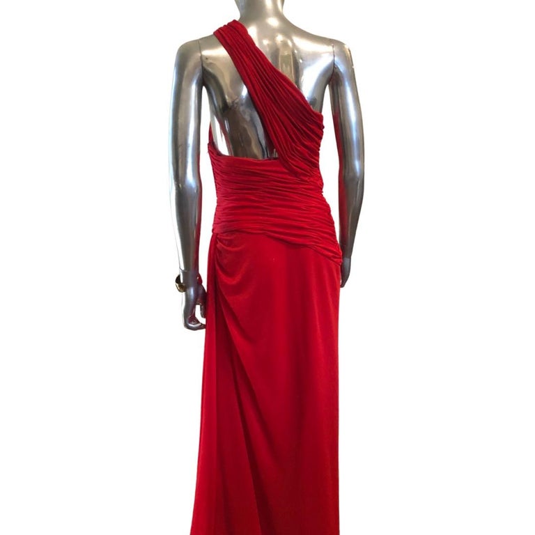 Women's Estevez Hollywood Vintage One Shoulder Draped Red Crepe Dress Size 8 For Sale