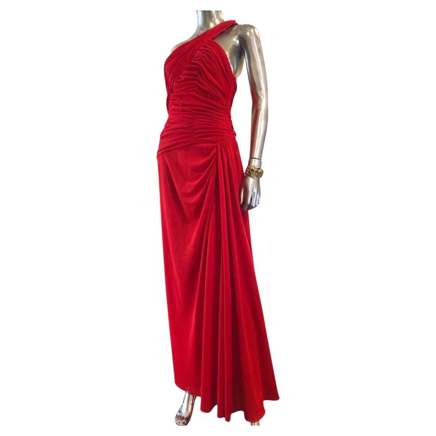 Estevez Hollywood Vintage One Shoulder Draped Red Crepe Dress Size 8 For  Sale at 1stDibs
