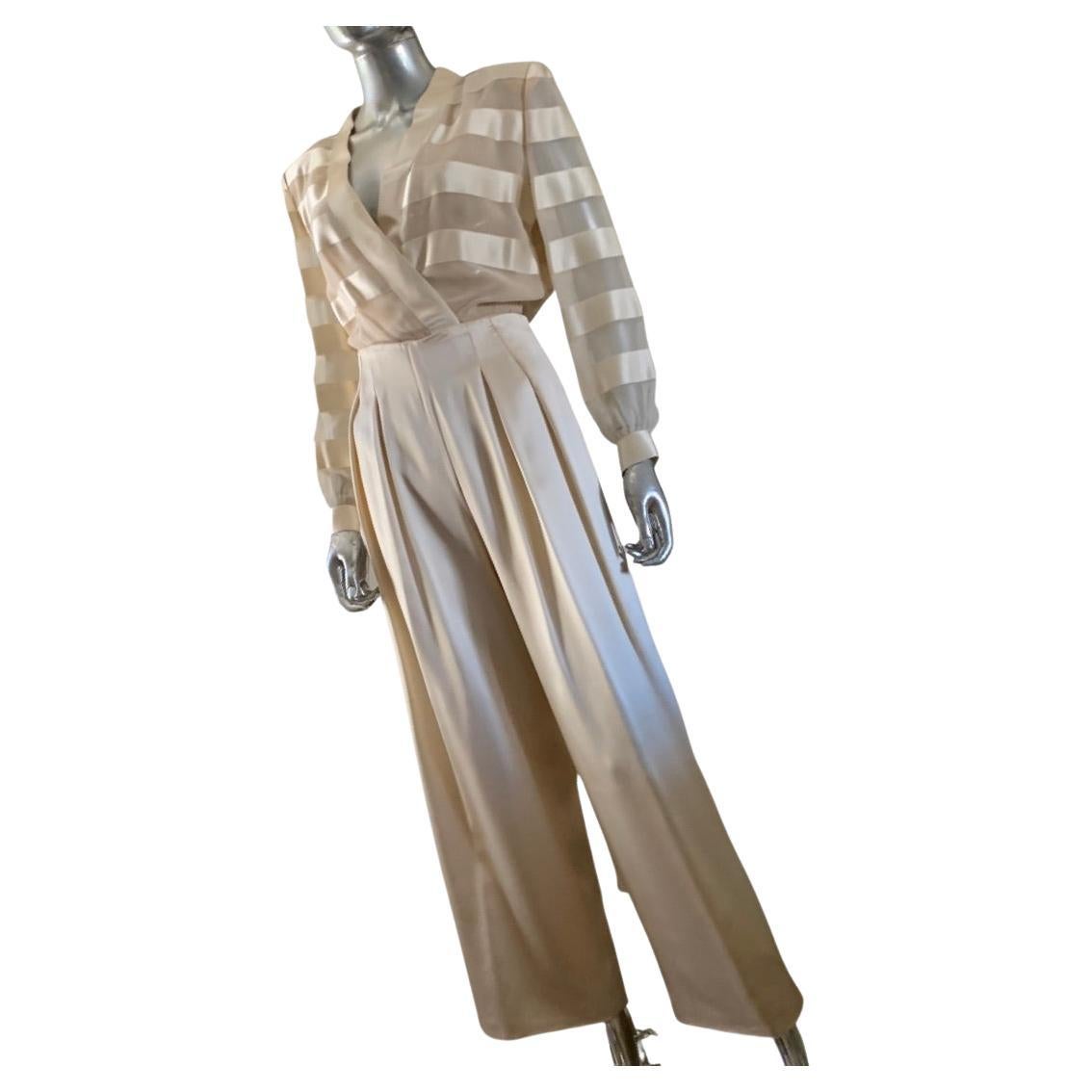 Estevez Silk Stripe Chiffon 
Satin Stripe Bodysuit Wide Leg Trouser Set Size 8