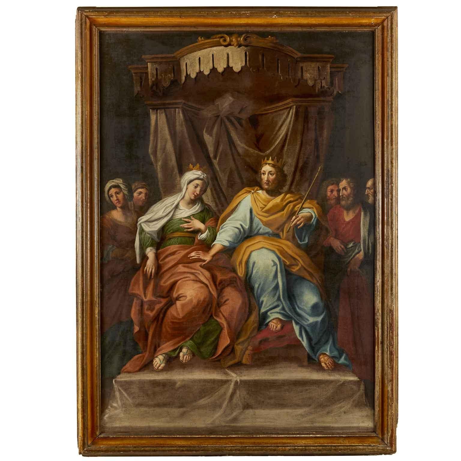 From Central Italy, a pair of oil on canvas paintings with figures depicting biblical scenes of Esther and King Ahasuerus, dating back to late 18th century, of Italian School, 1780 circa, in good age related condition, set within painted and