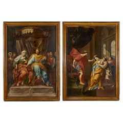 Antique 18th Century Italian Pair of Figural Biblical Paintings Esther Before Ahasuerus 