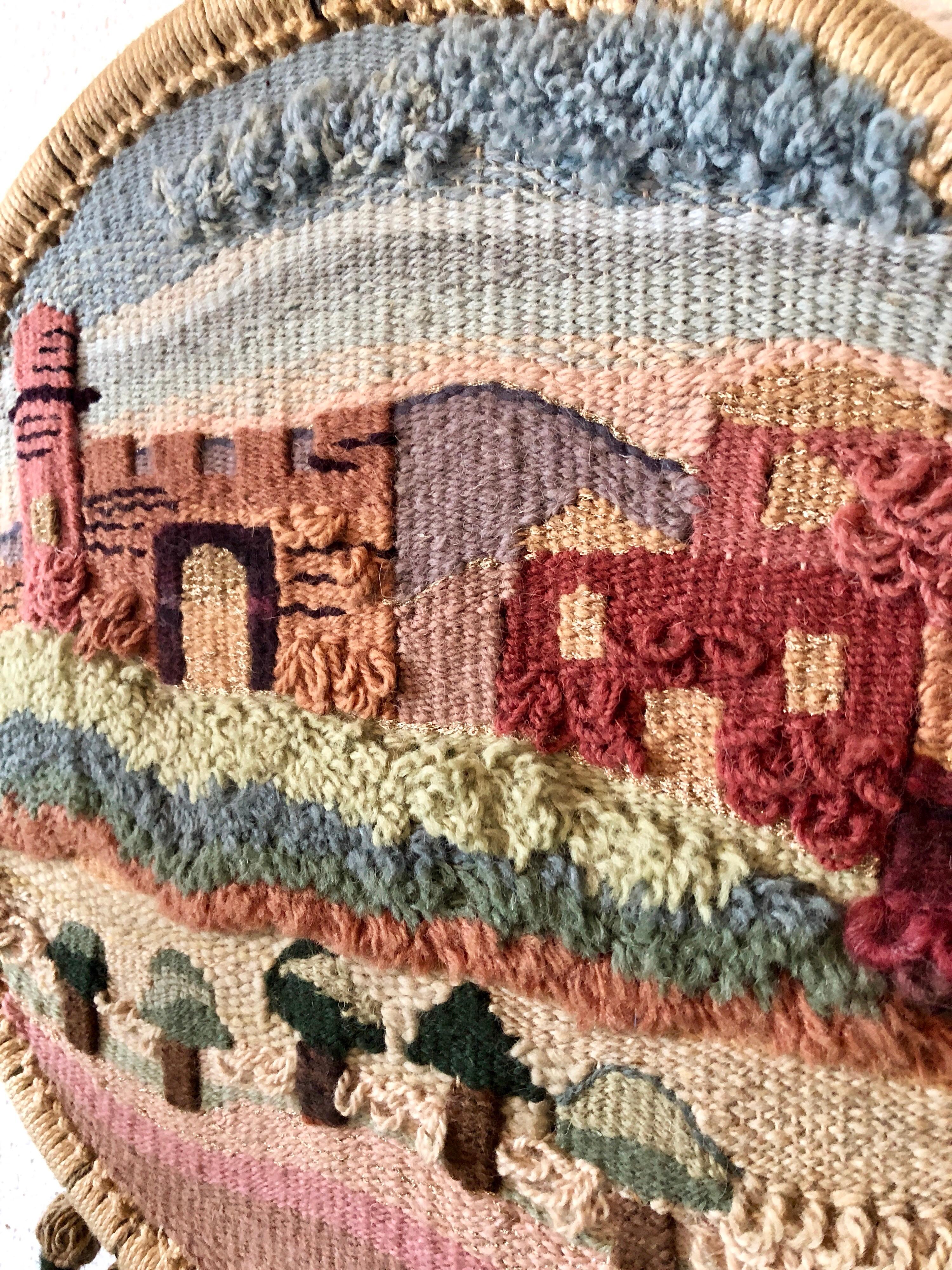This is an artistic weaving depicting the old city of Jerusalem. Signed in Hebrew and dated verso. it is all Hand Woven.
Esther Bensimon is a native of Argentina. She graduated from the Teacher’s College of Yeshiva University in New York City and