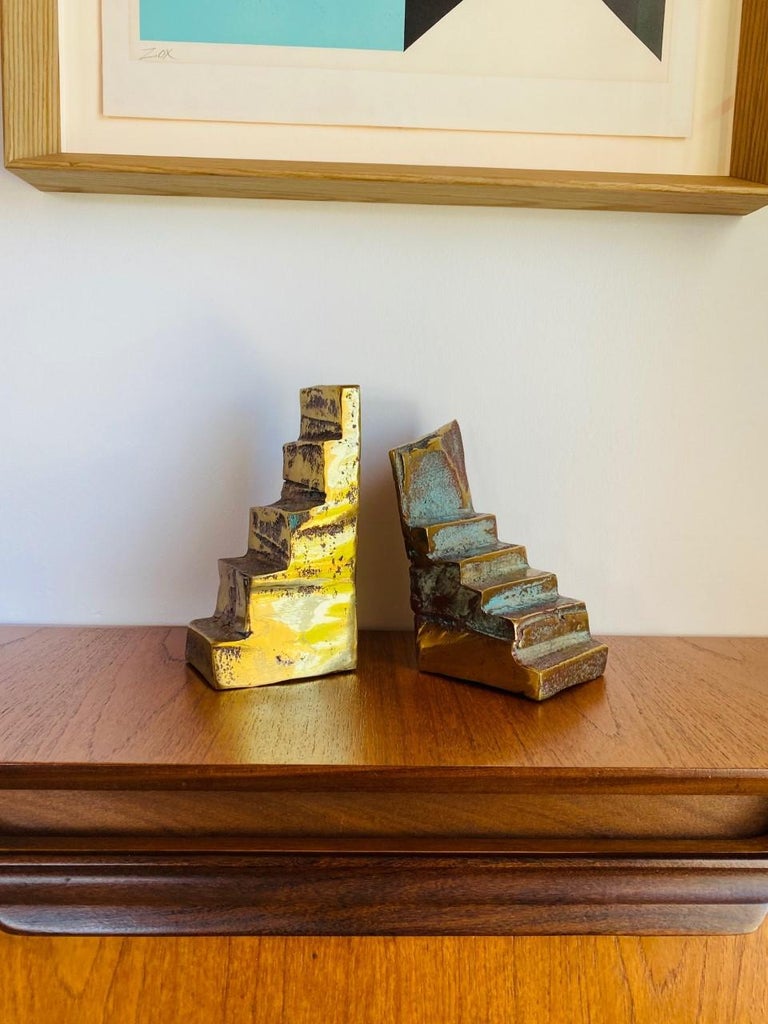 American Esther Fuhrman Brutalist Bronze Staircase Bookends, Pair 'Mid. 20TH C.' For Sale