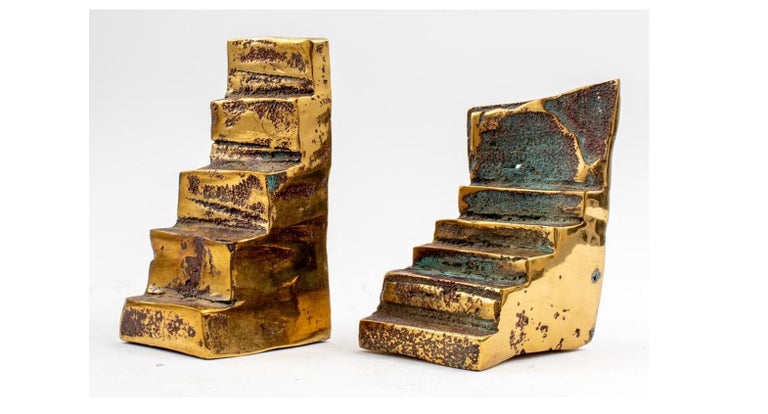 Hand-Crafted Esther Fuhrman Brutalist Bronze Staircase Bookends, Pair 'Mid. 20TH C.' For Sale