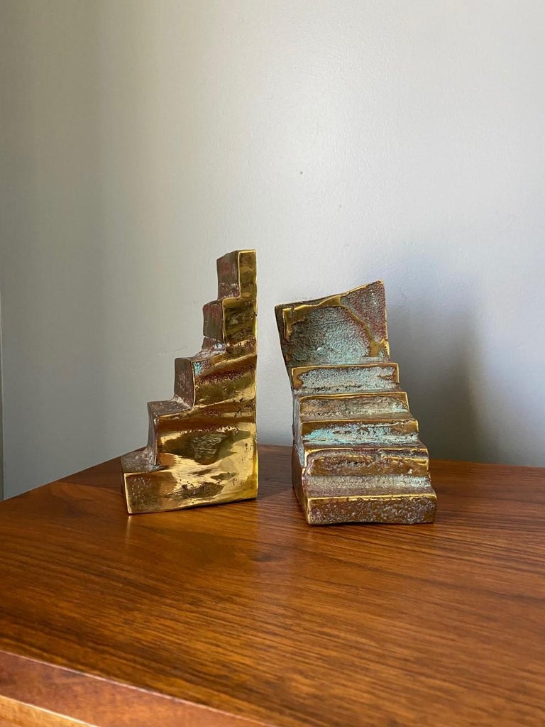 20th Century Esther Fuhrman Brutalist Bronze Staircase Bookends, Pair 'Mid. 20TH C.' For Sale