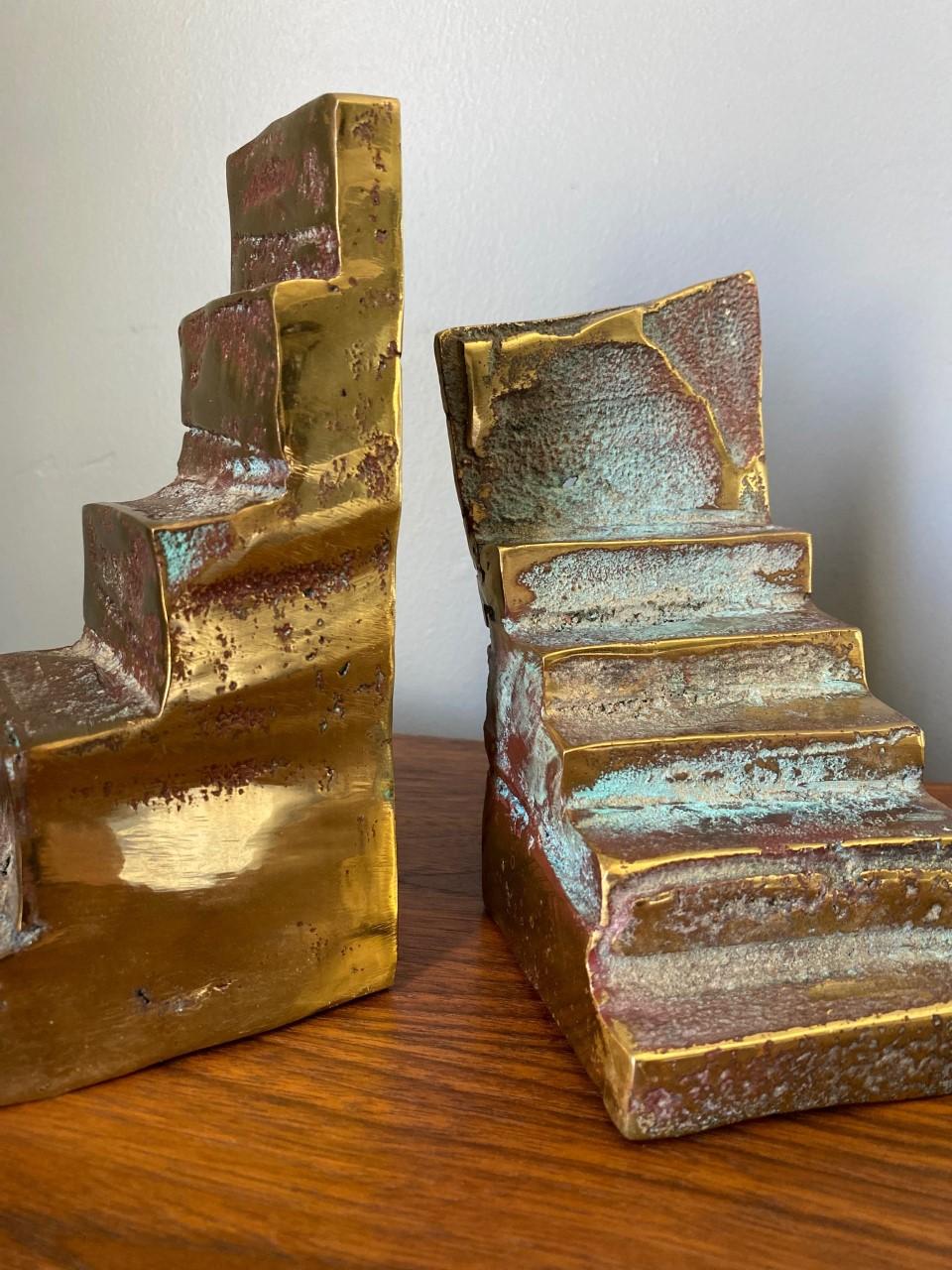 20th Century Esther Fuhrman Brutalist Bronze Staircase Bookends, Pair 'Mid. 20TH C.' For Sale
