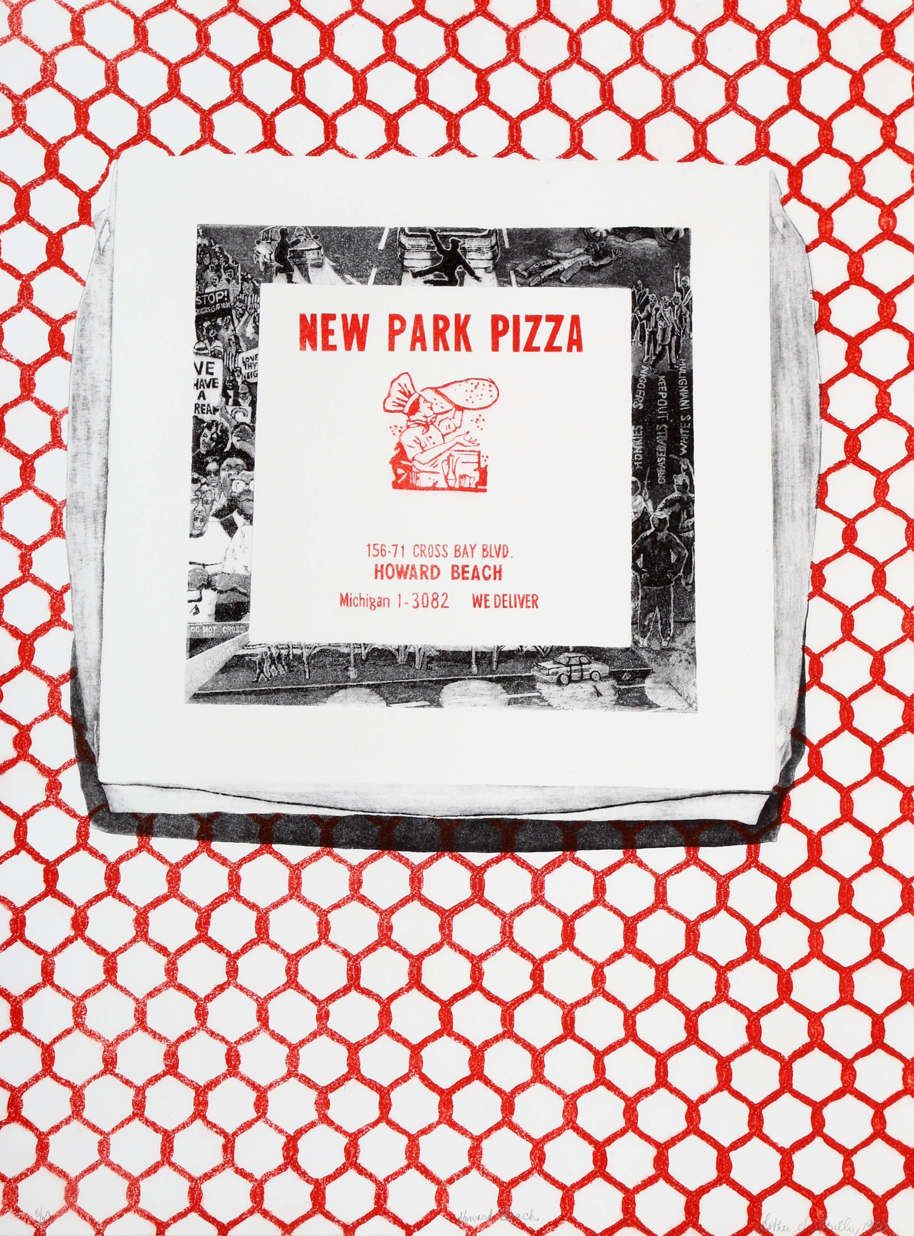 Künstlerin: Esther Grillo
Titel: Howard Beach (New Park Pizza)
Jahr: 1990
Medium: Siebdruck auf Arches, signiert und nummeriert mit Bleistift
Auflage: 50
Papierformat: 30 x 22 Zoll (76,2 x 55,88 cm)