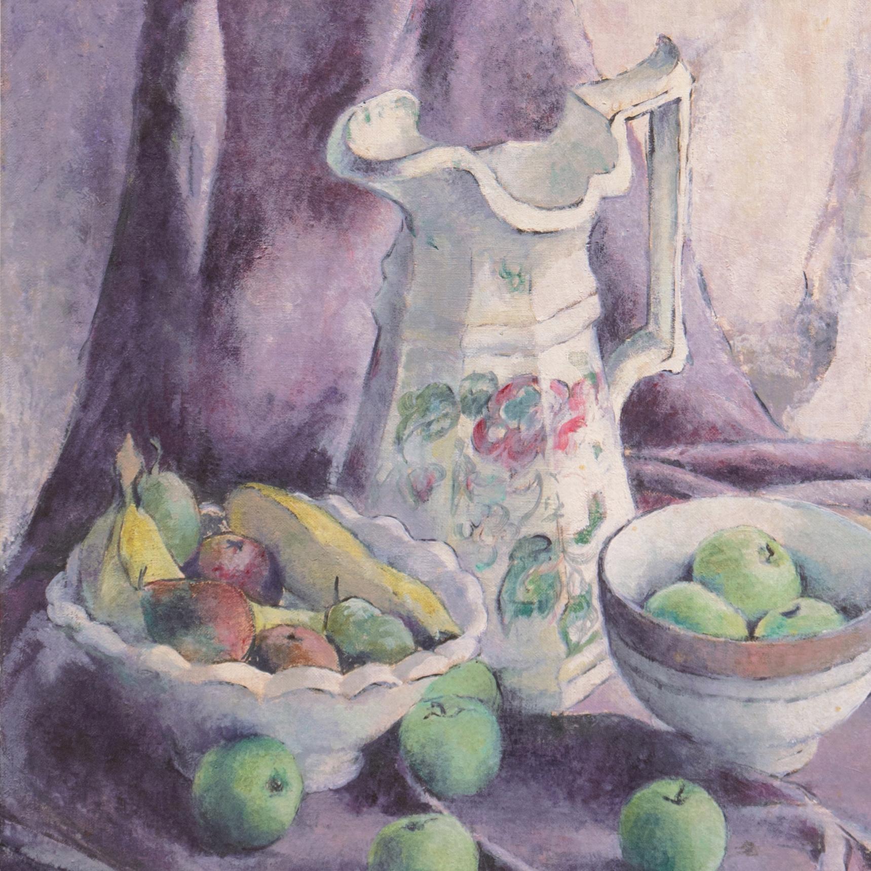 Signed lower right, 'Esther Lyne' (American, 20th century) and painted circa 1955.

A sensitively painted Post-Impressionist oil still-life showing a view of a hand-painted creamware jug with two bowls of fruit resting on a table draped with a lilac