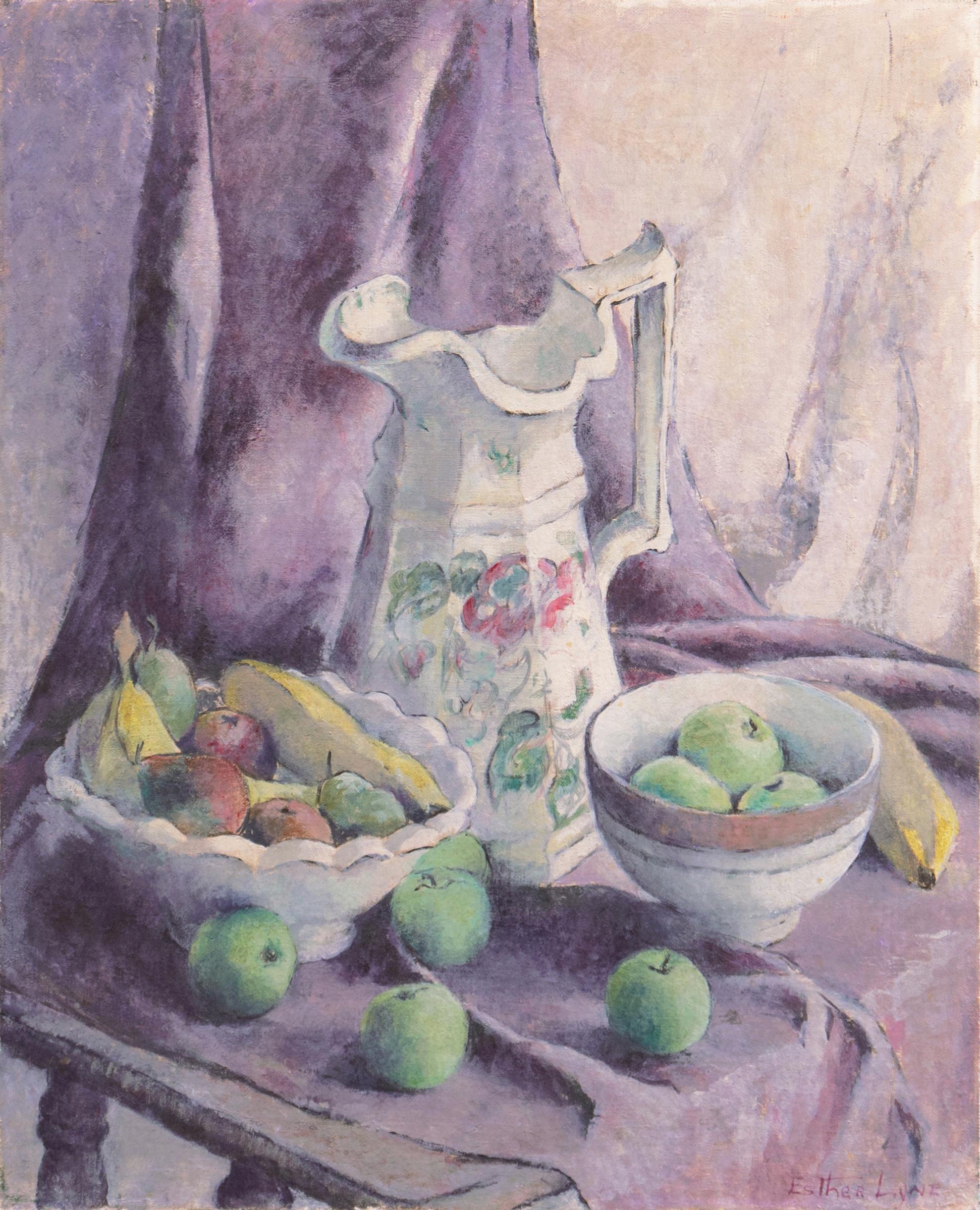 Esther Lyne Still-Life Painting - 'Still Life of Fruit and a Creamware Jug',