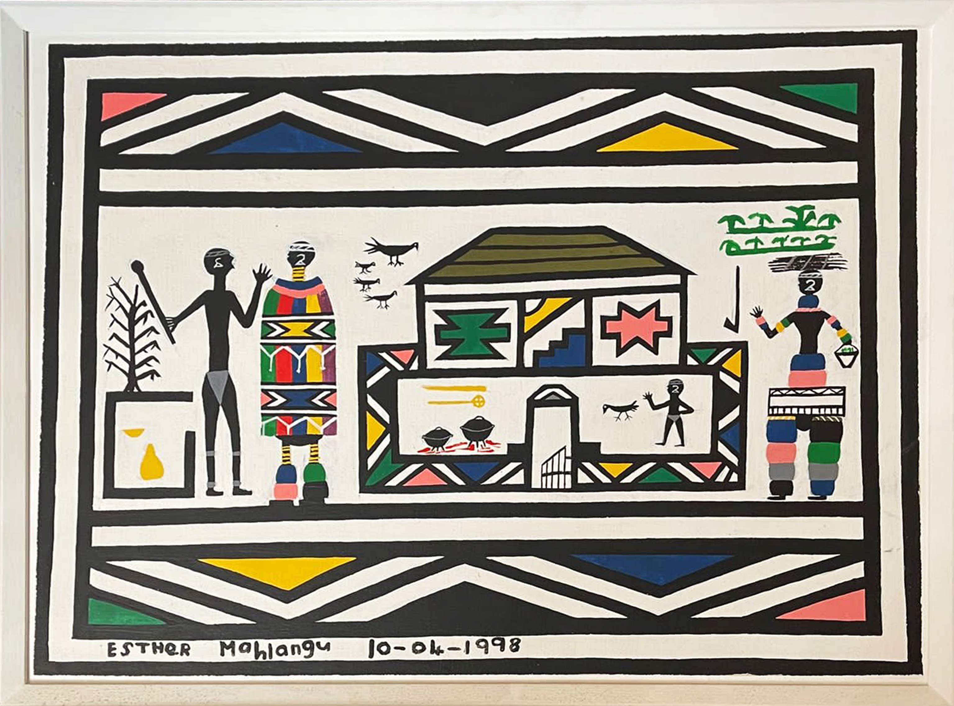 Ndebele Village, 1998, Ndebele, Figurative painting, African art - Painting by Esther Mahlangu