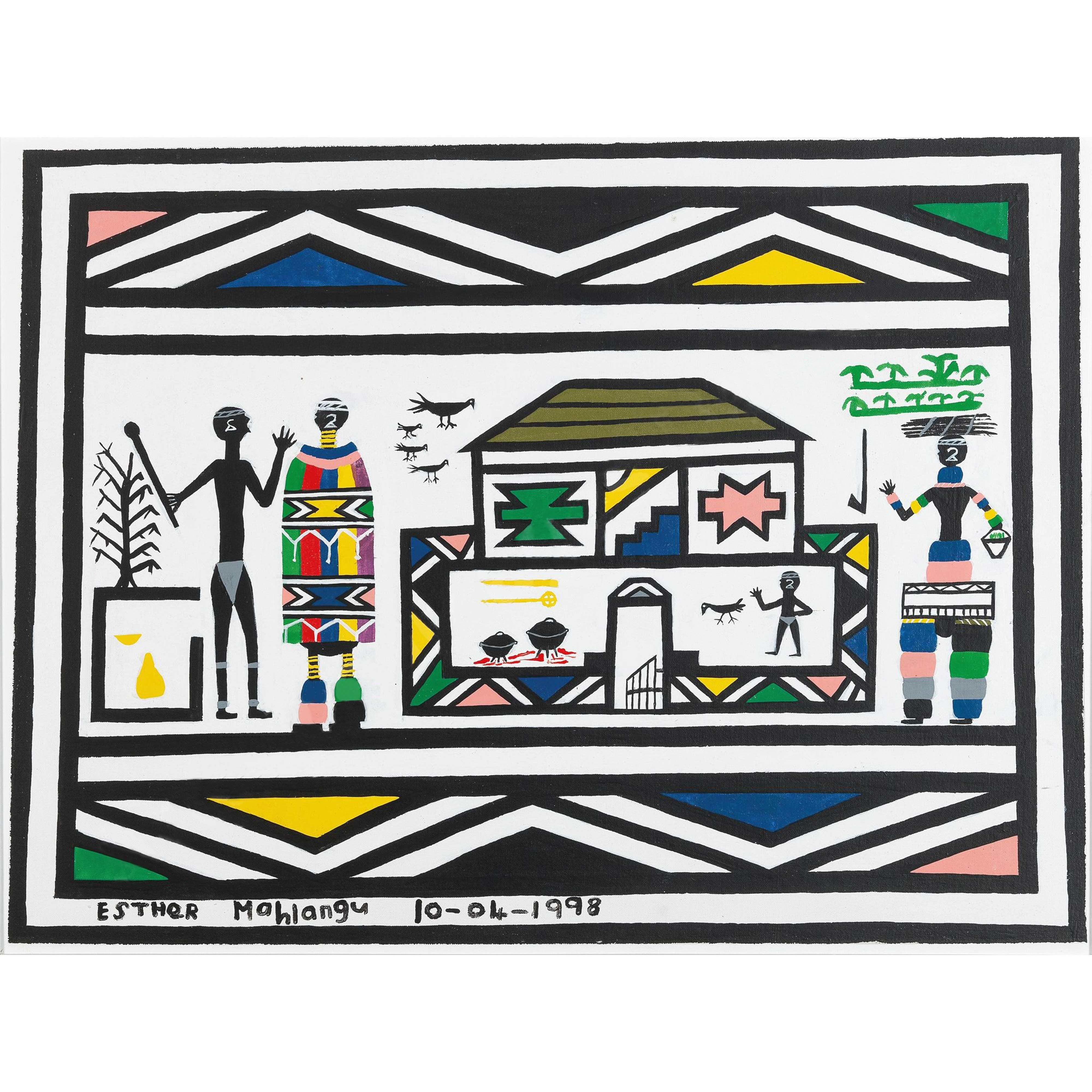 Ndebele Village, 1998, Ndebele, Figurative painting, African art - Contemporary Painting by Esther Mahlangu