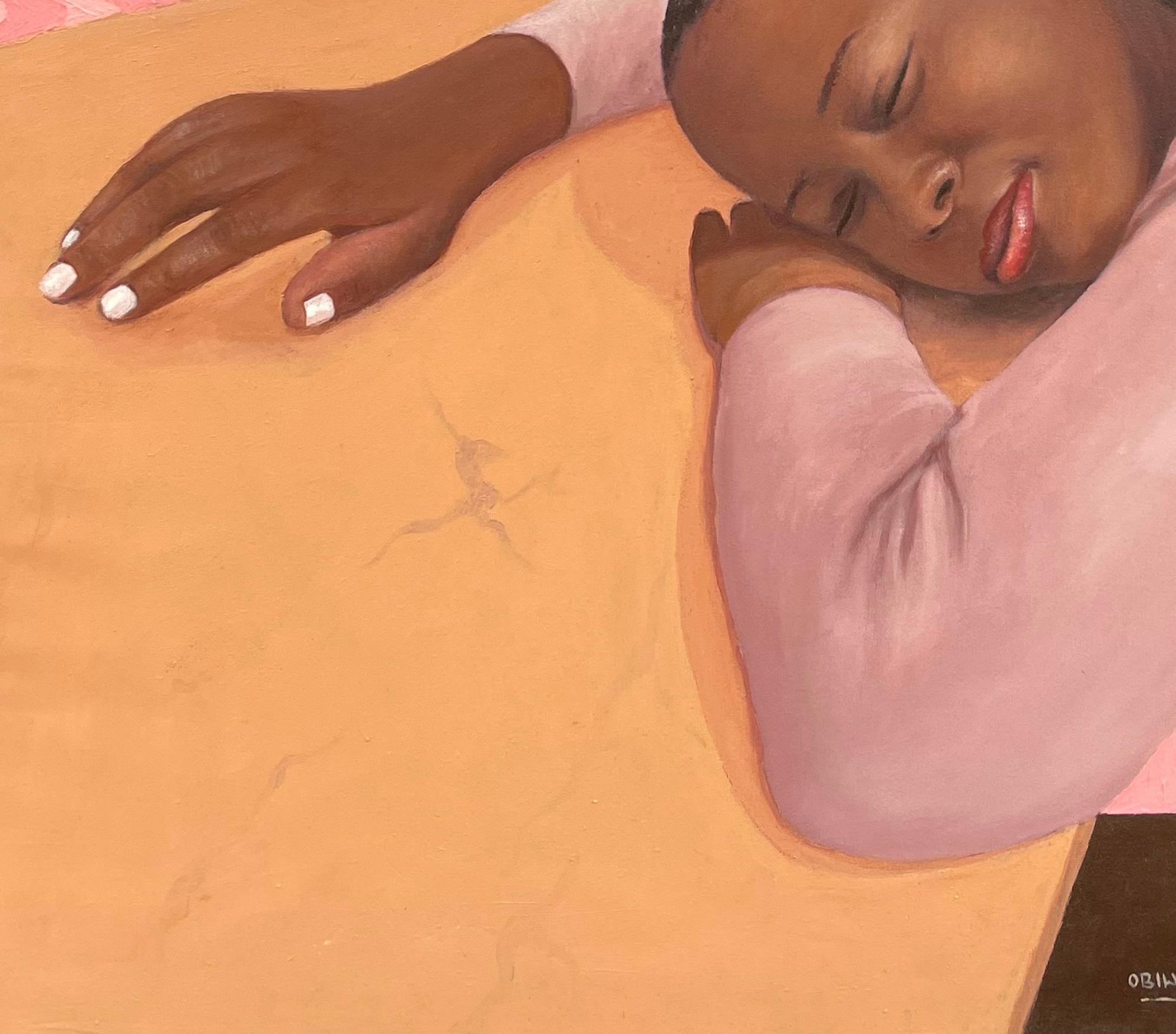 Inner Peace - 21st Century, Contemporary, Figurative, Portrait, Women, Africa - Orange Portrait Painting by Esther Obiwuru
