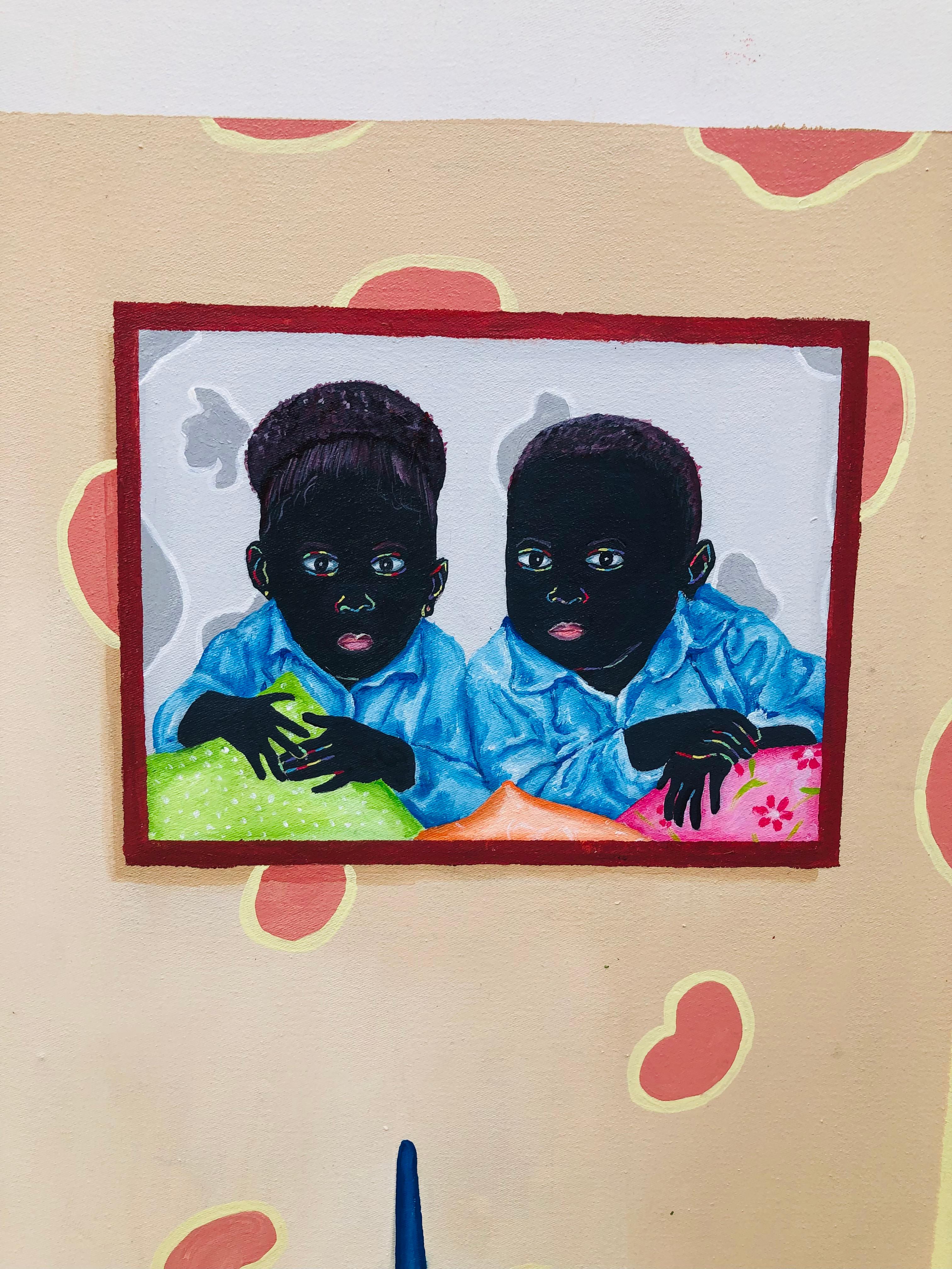 Un mundo en sus manos - Pintura infantil figurativa contemporánea - Painting Contemporáneo de Esther Oyeyemi