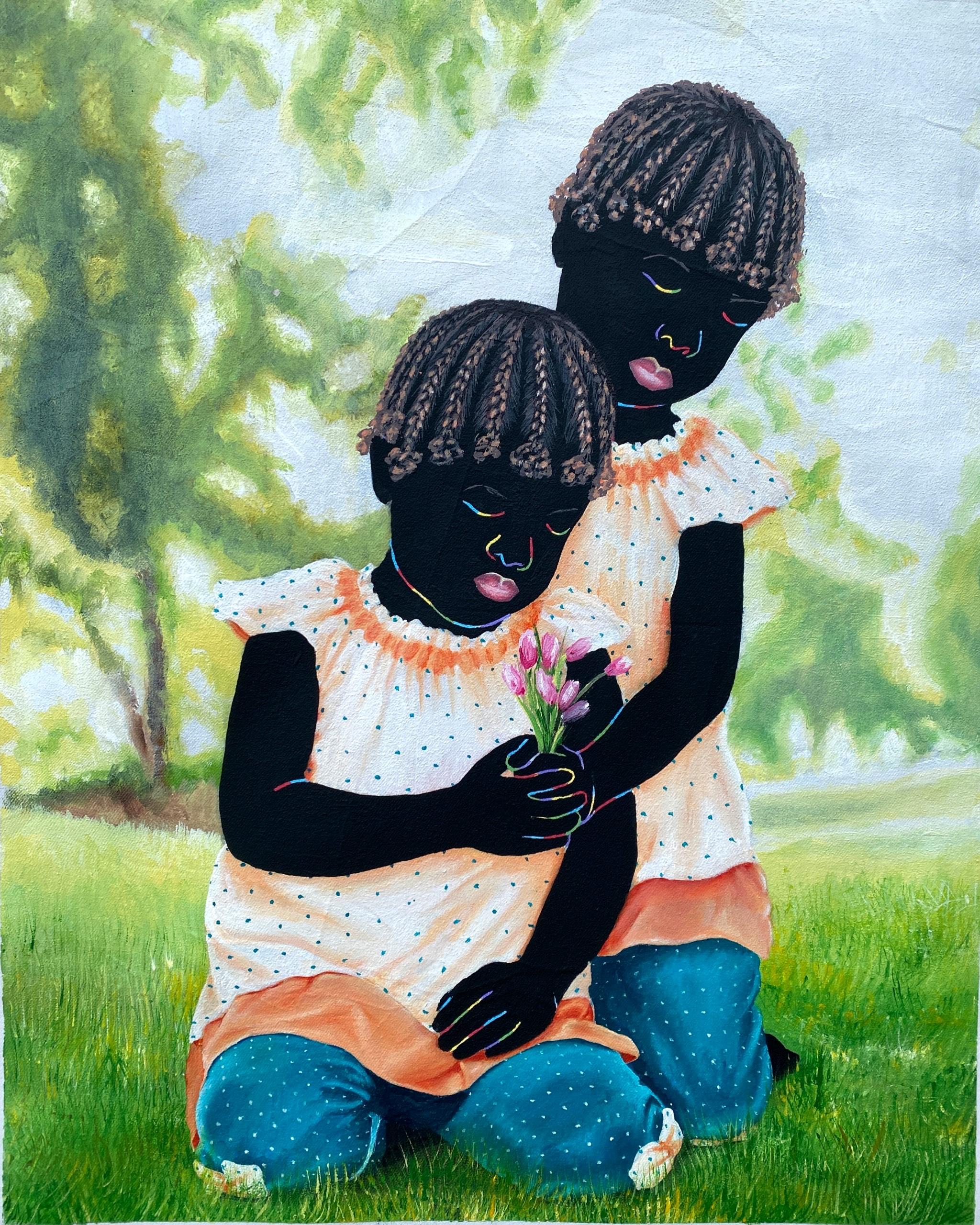 Figurative Painting di Esther Oyeyemi - Legame in erba - 21° secolo, Contemporaneo, Figurativo, Ritratto, Gemelli, Nature