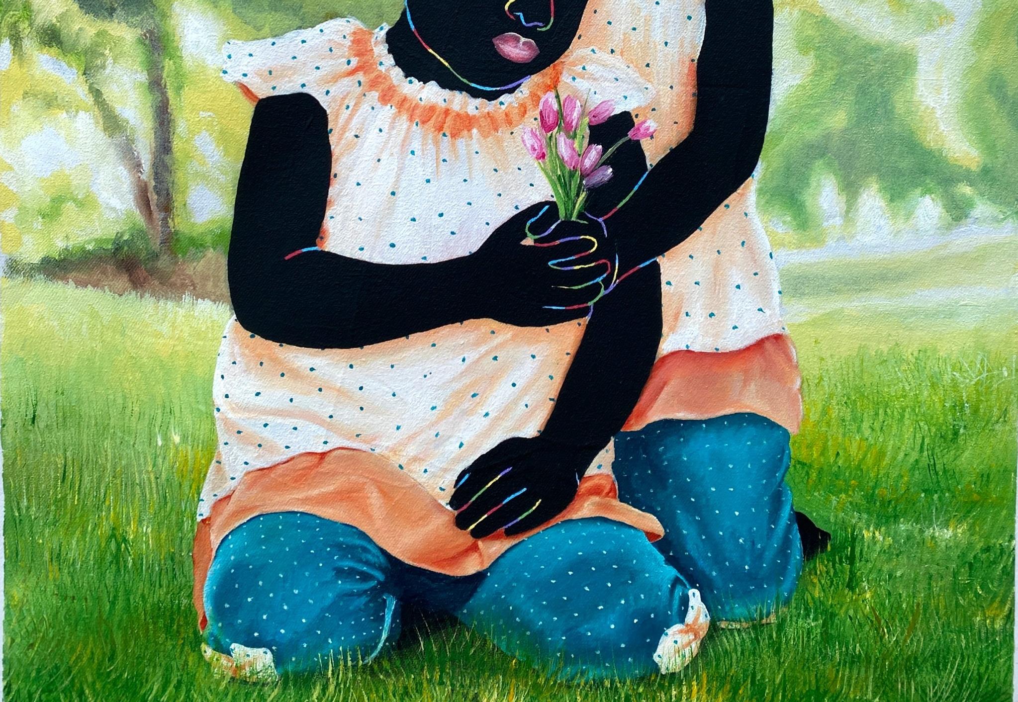 Legame in erba - 21° secolo, Contemporaneo, Figurativo, Ritratto, Gemelli, Nature - Figurative Painting Grigio di Esther Oyeyemi