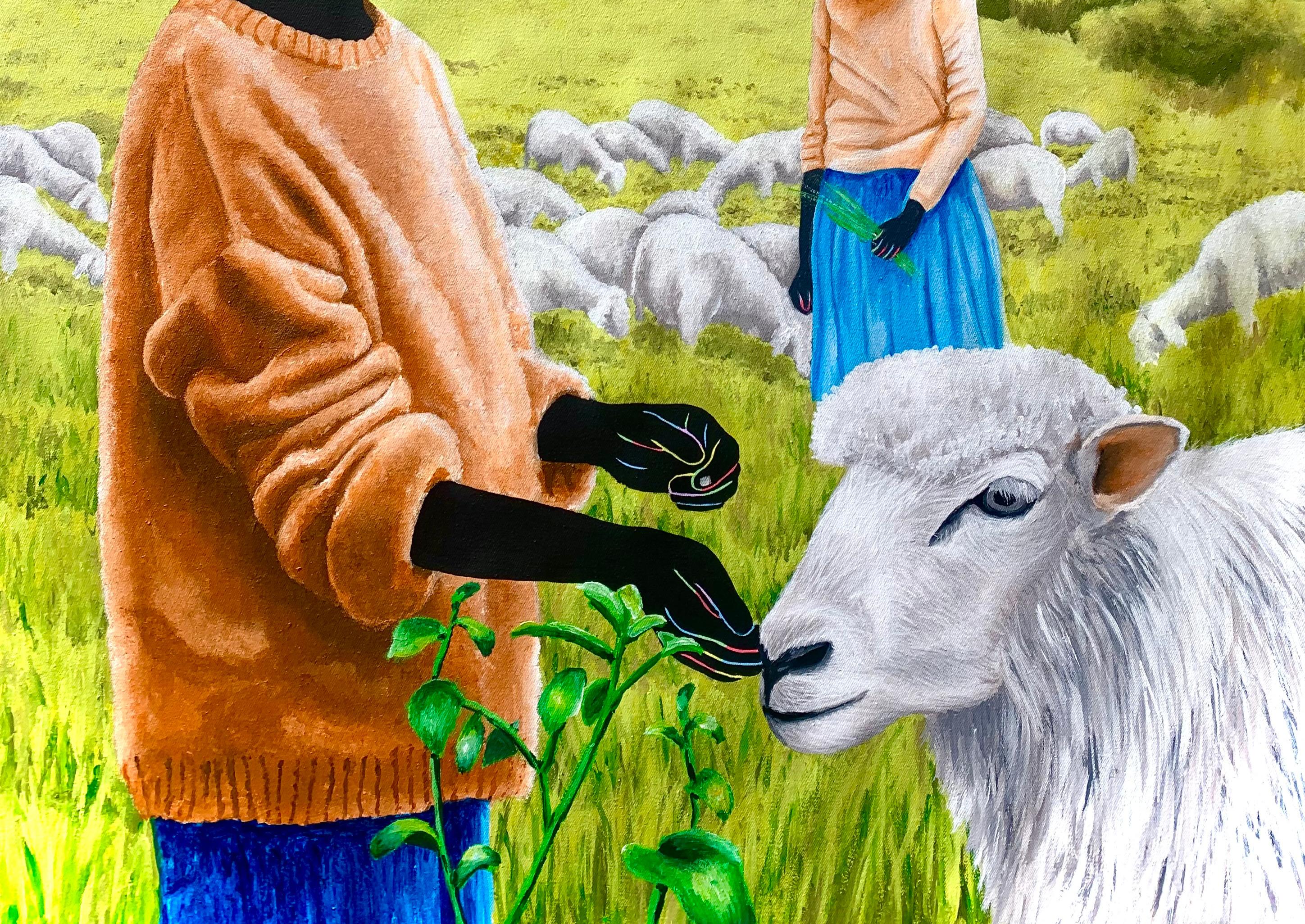 Il mio amato business -21° secolo, Contemporaneo, Figurativo, Animali, Mandrie di donne - Figurative Painting Beige di Esther Oyeyemi