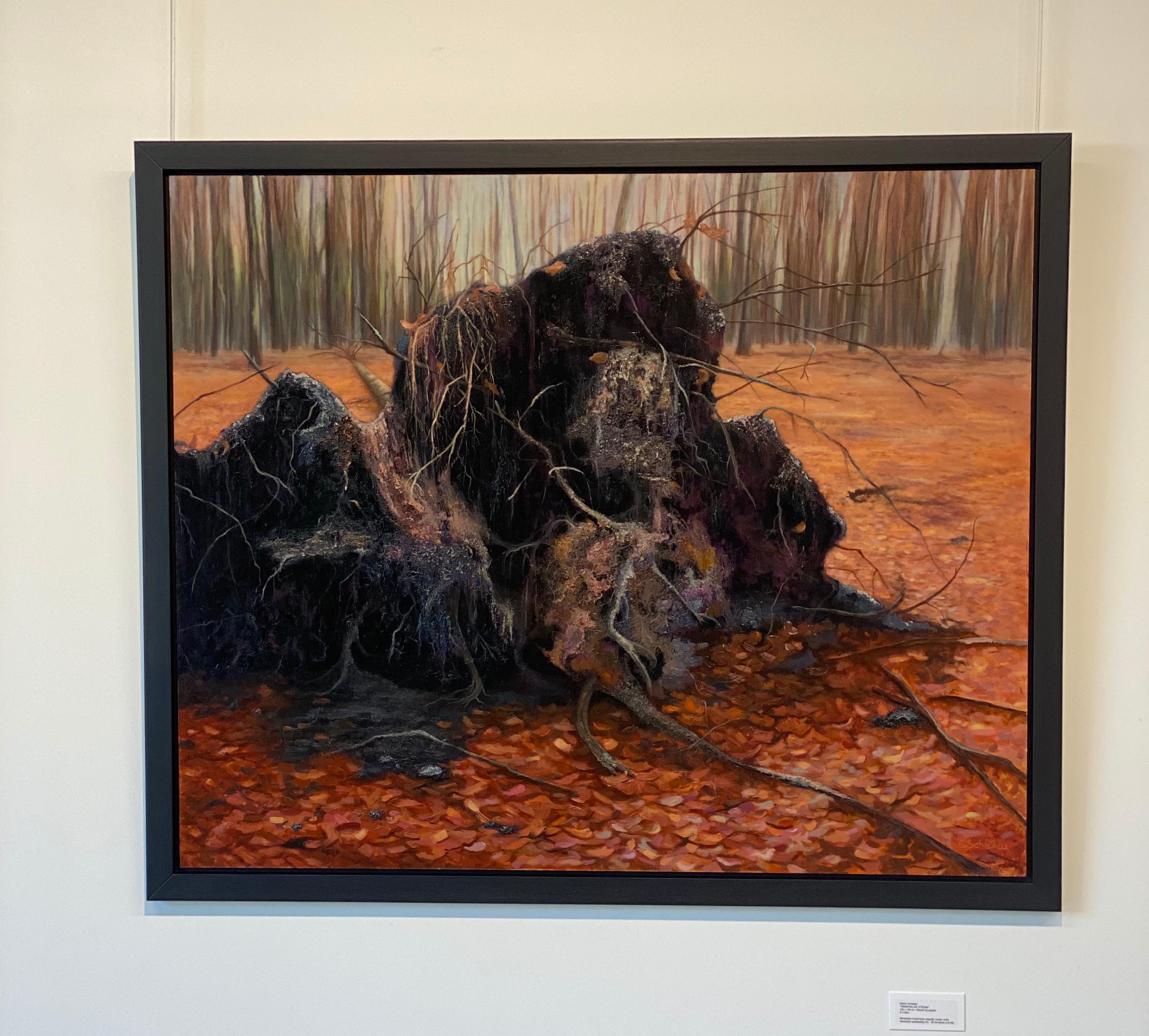 Peinture de paysage du 21e siècle d'un arbre tombé dans une forêt - Stump d'arbre tombé - Contemporain Painting par Esther Schlebos