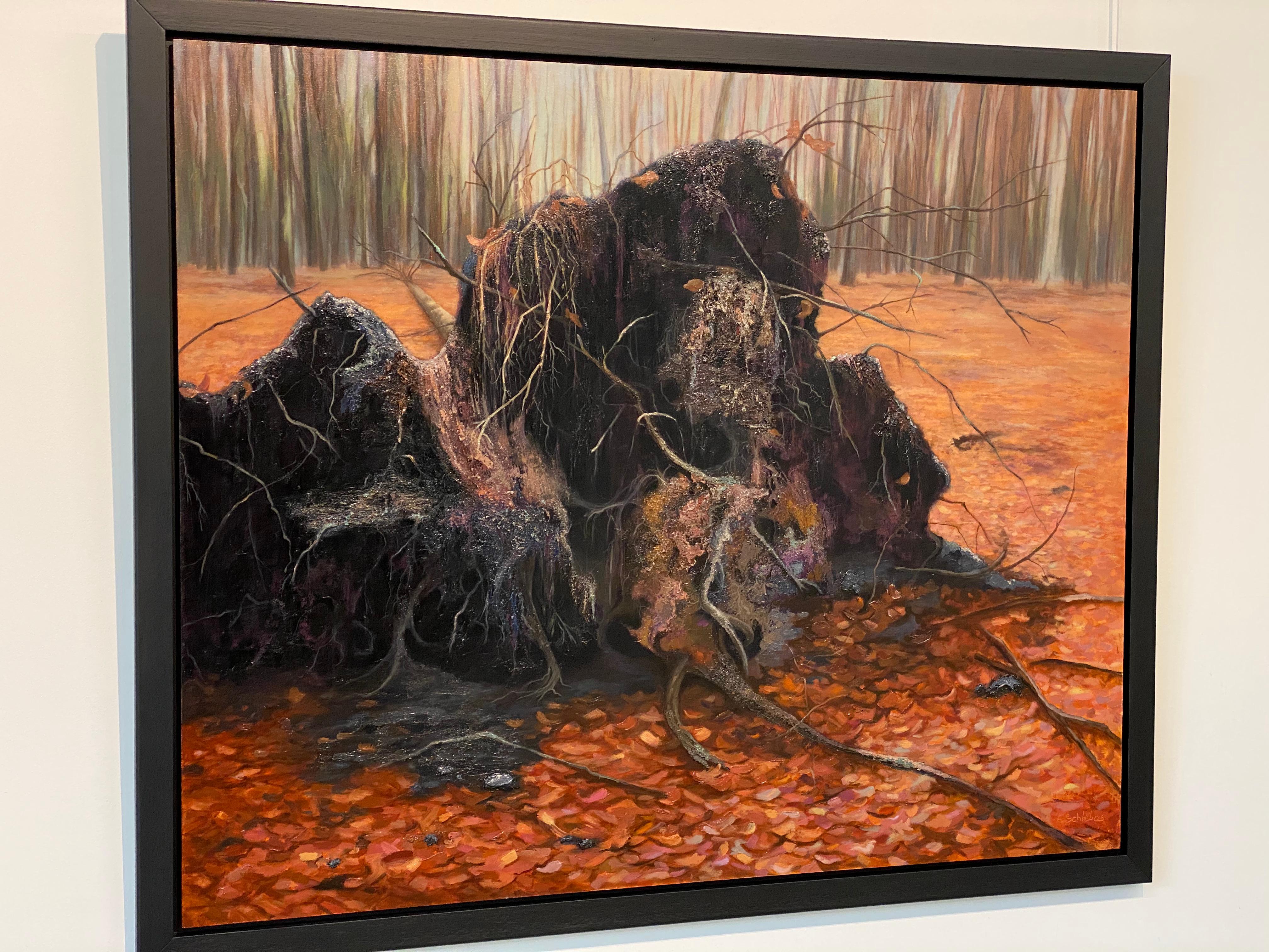Peinture de paysage du 21e siècle d'un arbre tombé dans une forêt - Stump d'arbre tombé - Noir Landscape Painting par Esther Schlebos