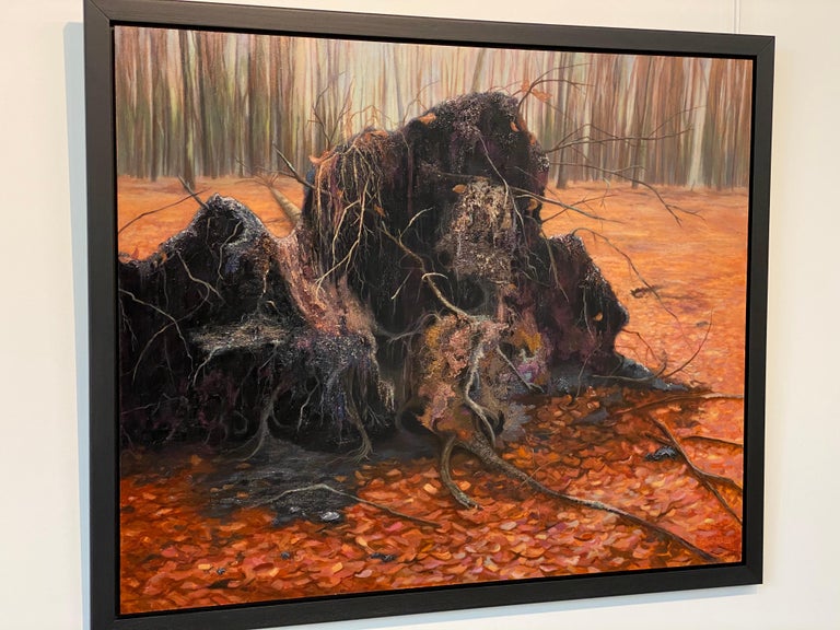 Fallen Tree Stump- 21st Century Landscape Painting of a Fallen Tree in a Forest For Sale 1