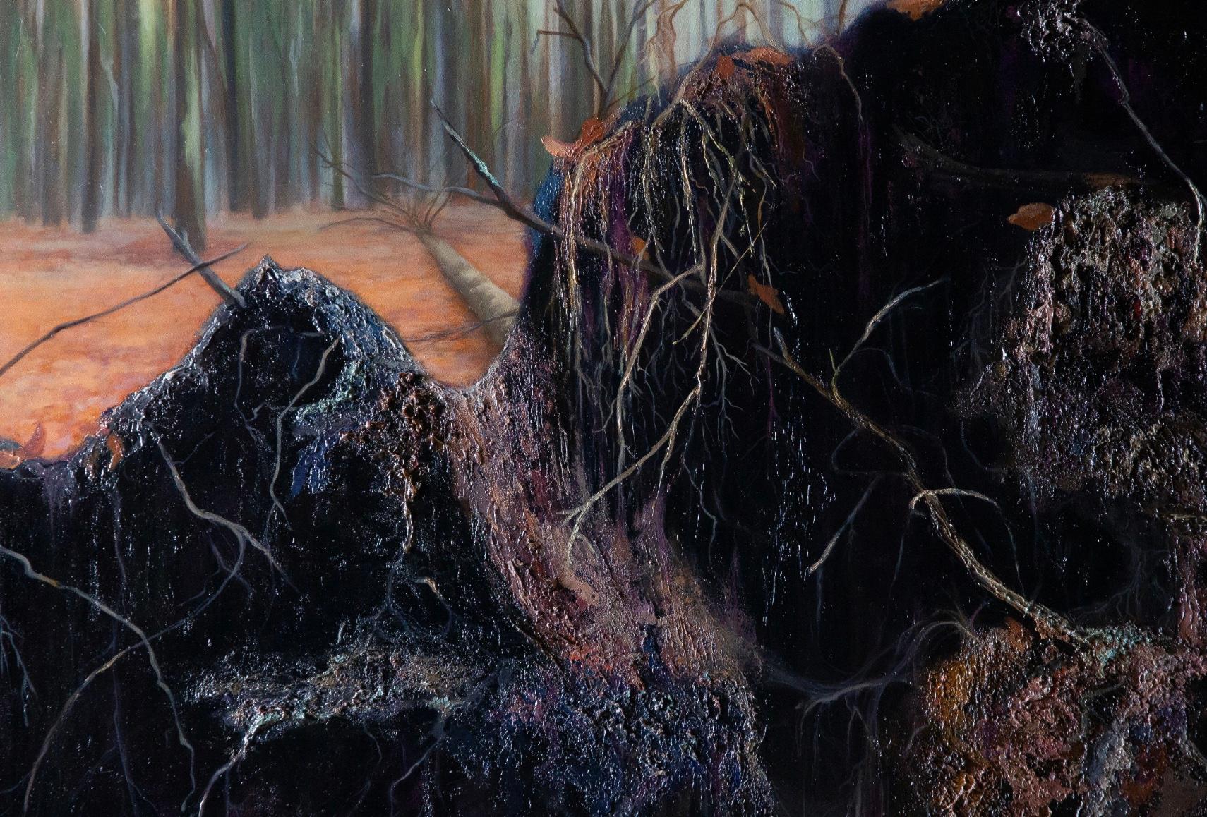 Fallen Tree Stump- 21st Century Landscape Painting of a Fallen Tree in a Forest For Sale 1