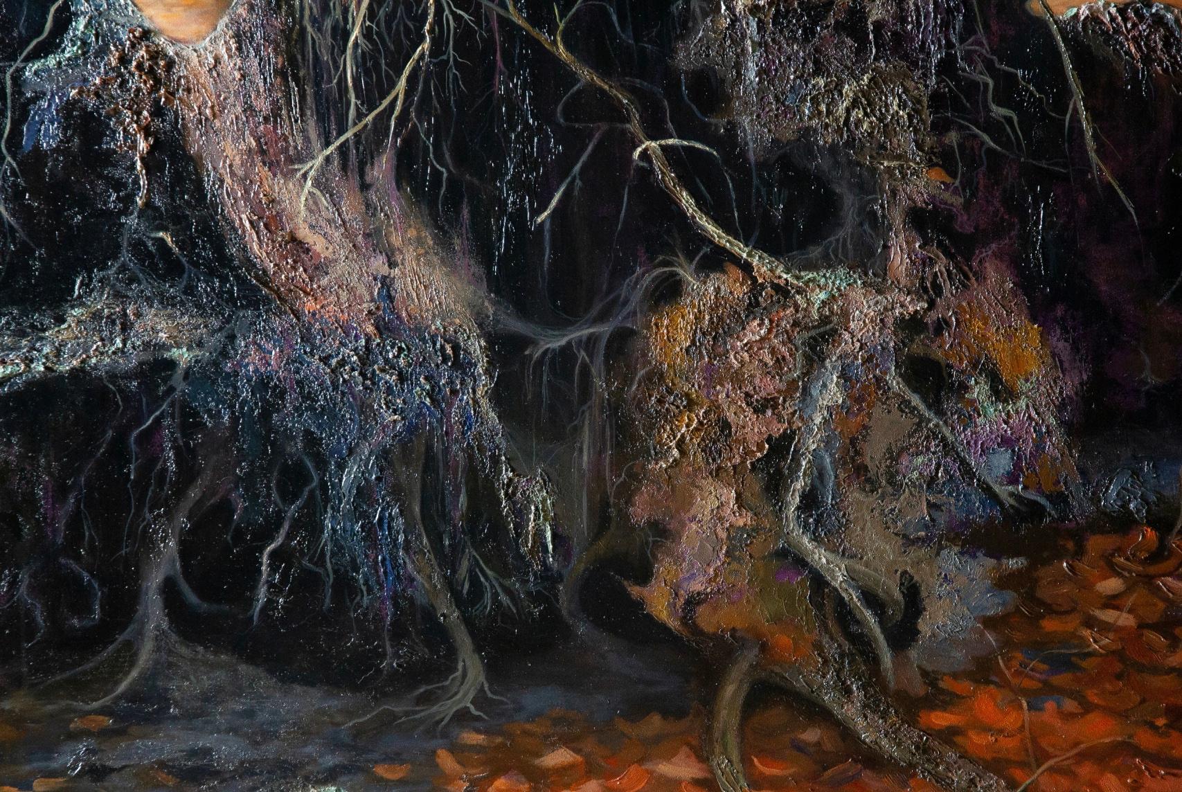 Peinture de paysage du 21e siècle d'un arbre tombé dans une forêt - Stump d'arbre tombé en vente 1