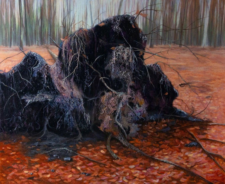 Esther Schlebos Figurative Painting - Fallen Tree Stump- 21st Century Landscape Painting of a Fallen Tree in a Forest