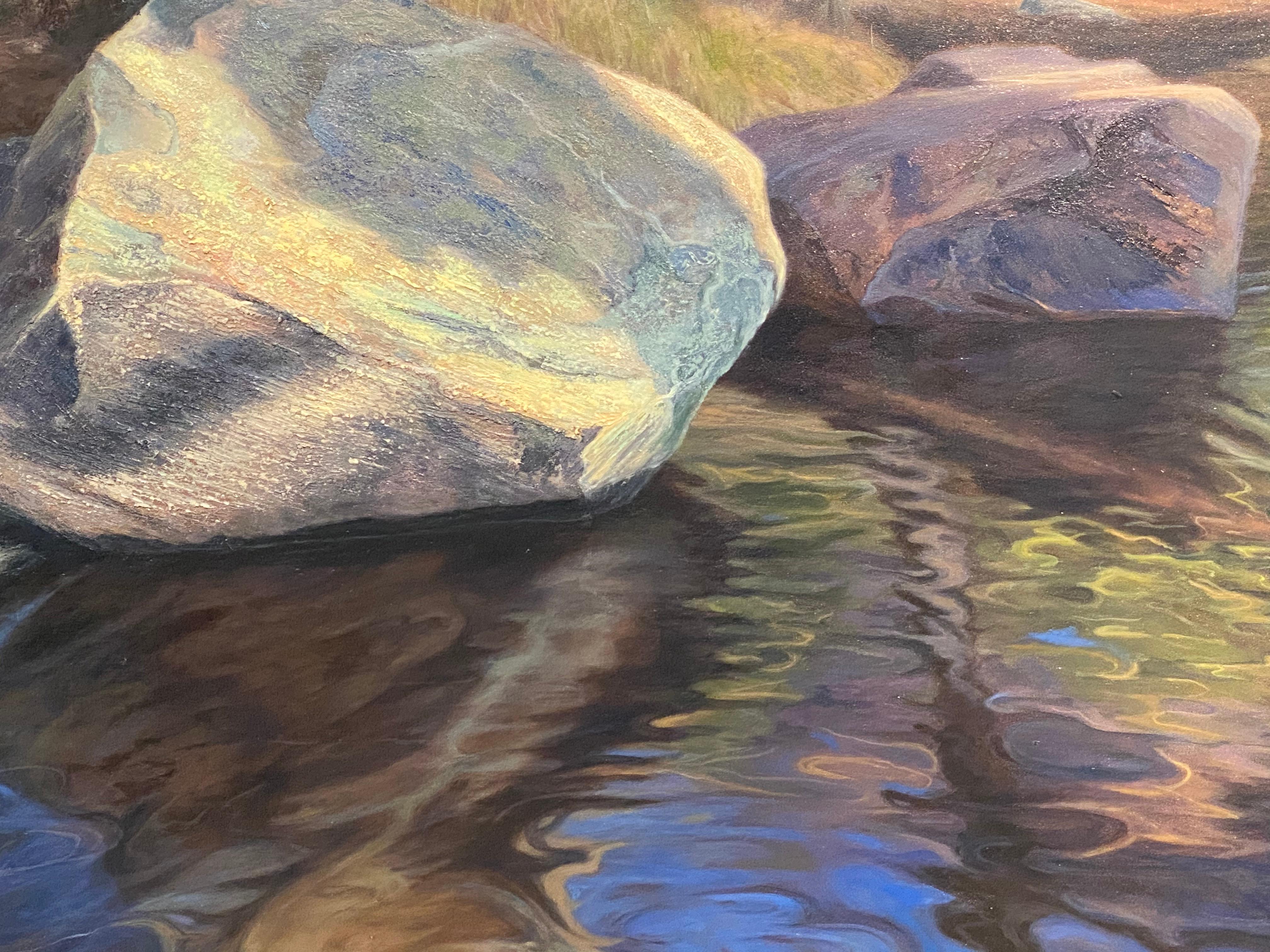 Variegated Sandstone- 21st Century Landscape Painting of a river with sandstones For Sale 2