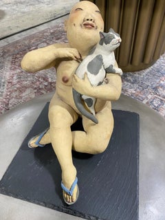 Esther Shimazu Signierte japanische hawaiianische amerikanische Skulptur Frau mit Katze